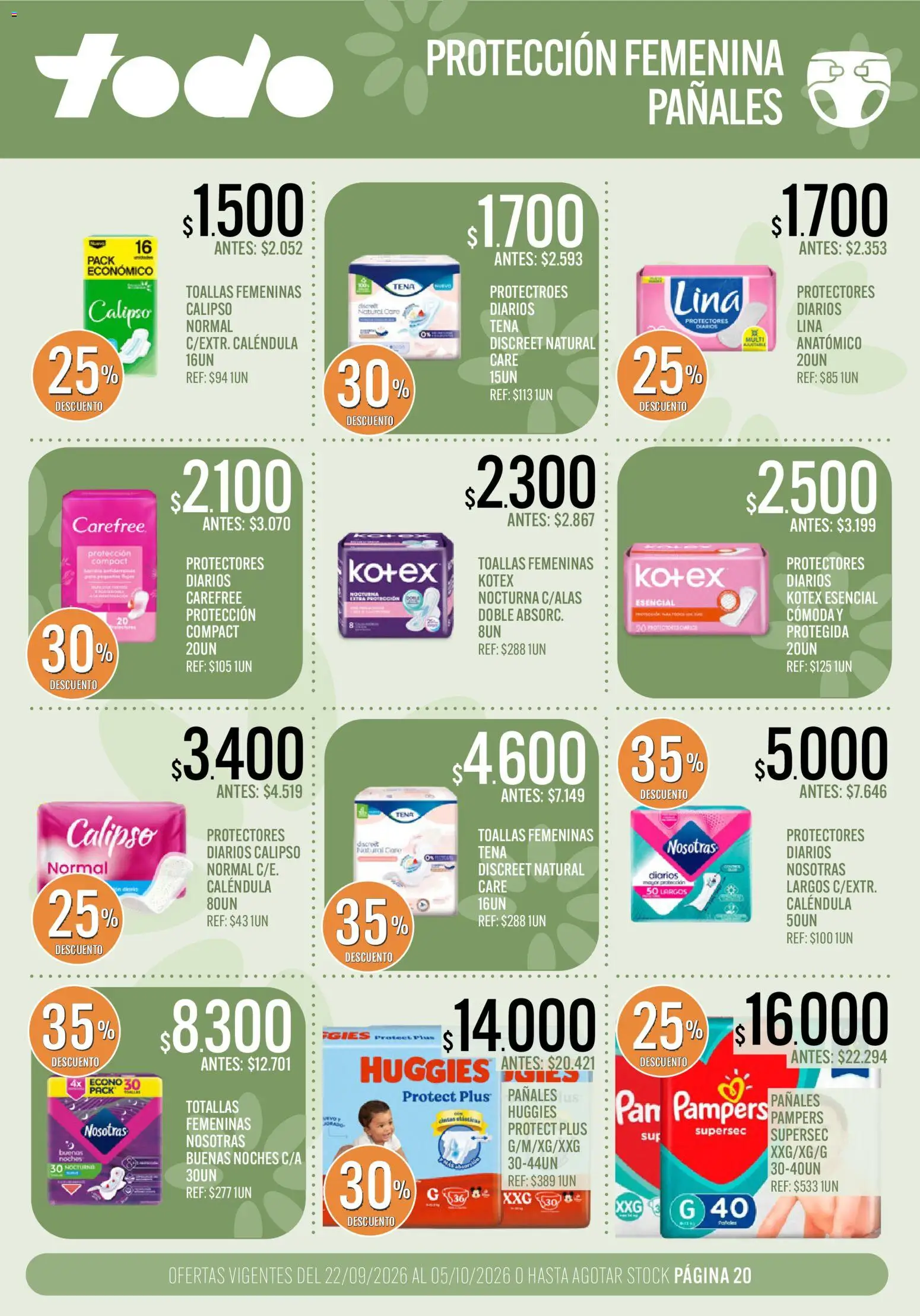 Supermercados TODO catálogo │ válido desde el 22/09/2026 | Página: 20 | Productos: Toallas, Pan, Pañales, Protectores diarios