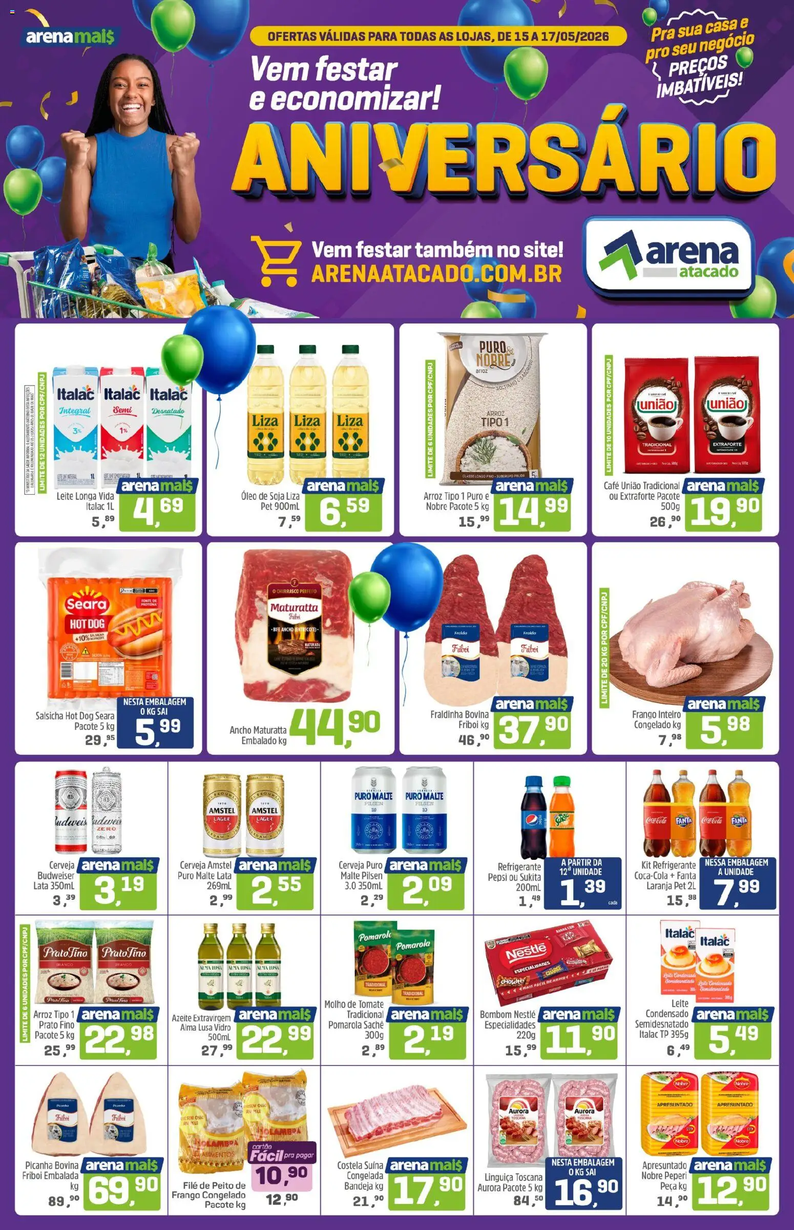 Arena Atacado Folheto - válido de 15.05.2026 | Página: 1 | Produtos: Salsicha, Fraldinha, Café, Arroz