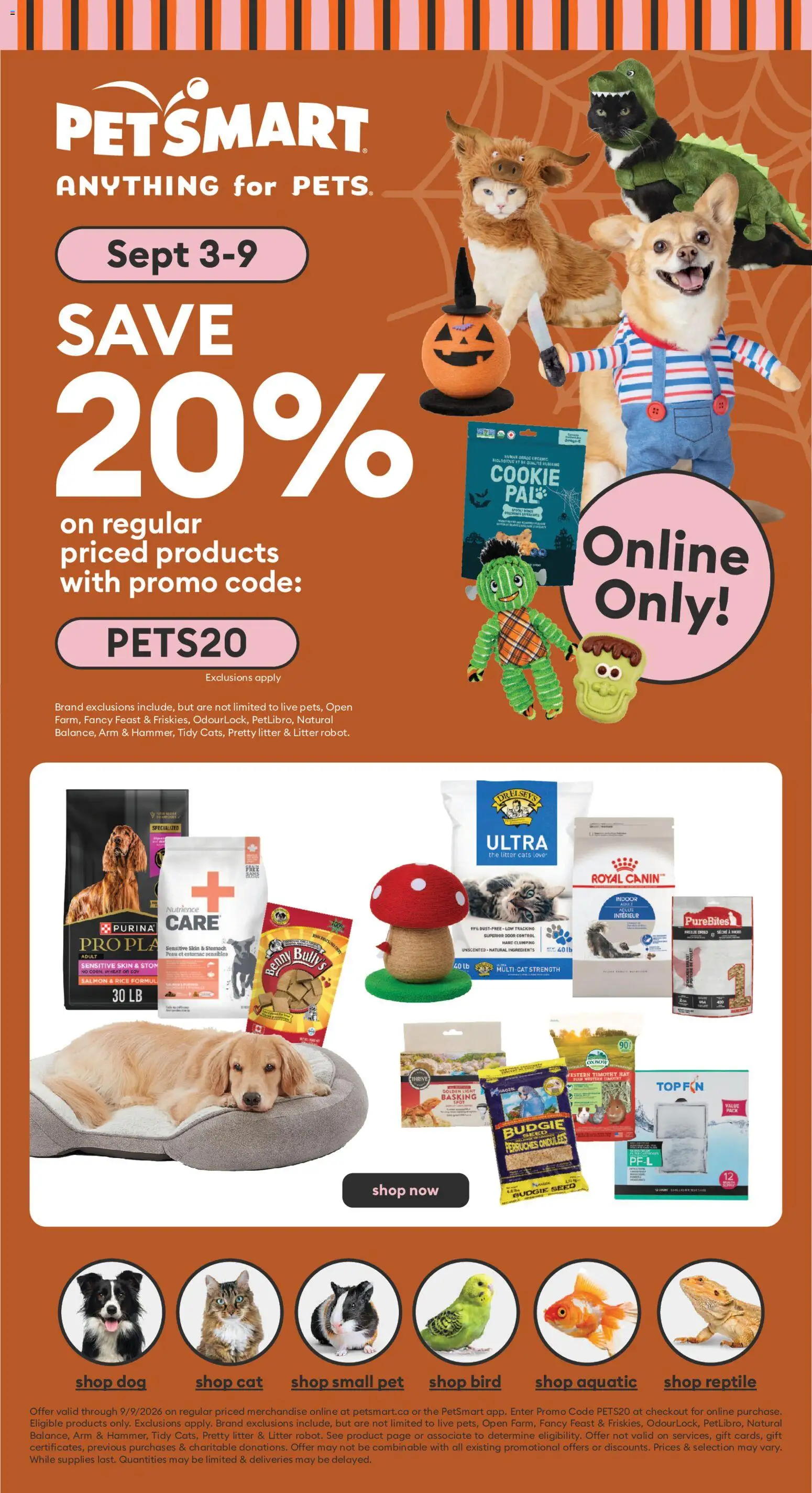 Petsmart flyer valid from Sep 3, 2026 | Page: 1 | Products: Hat, Salmon, Chicken breast, Ingredients