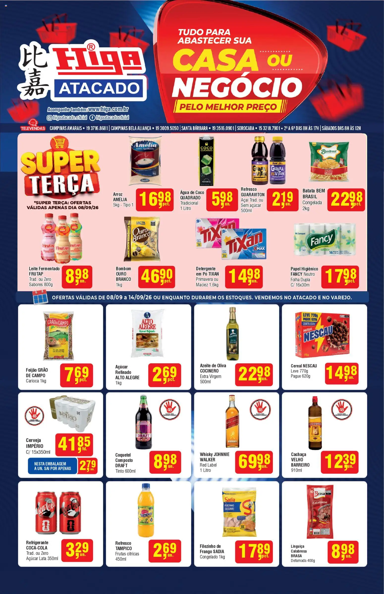 Higa Atacado Folheto - válido de 08/09/2026 | Página: 1 | Produtos: Cachaça, Nescau, Batata, Azeite