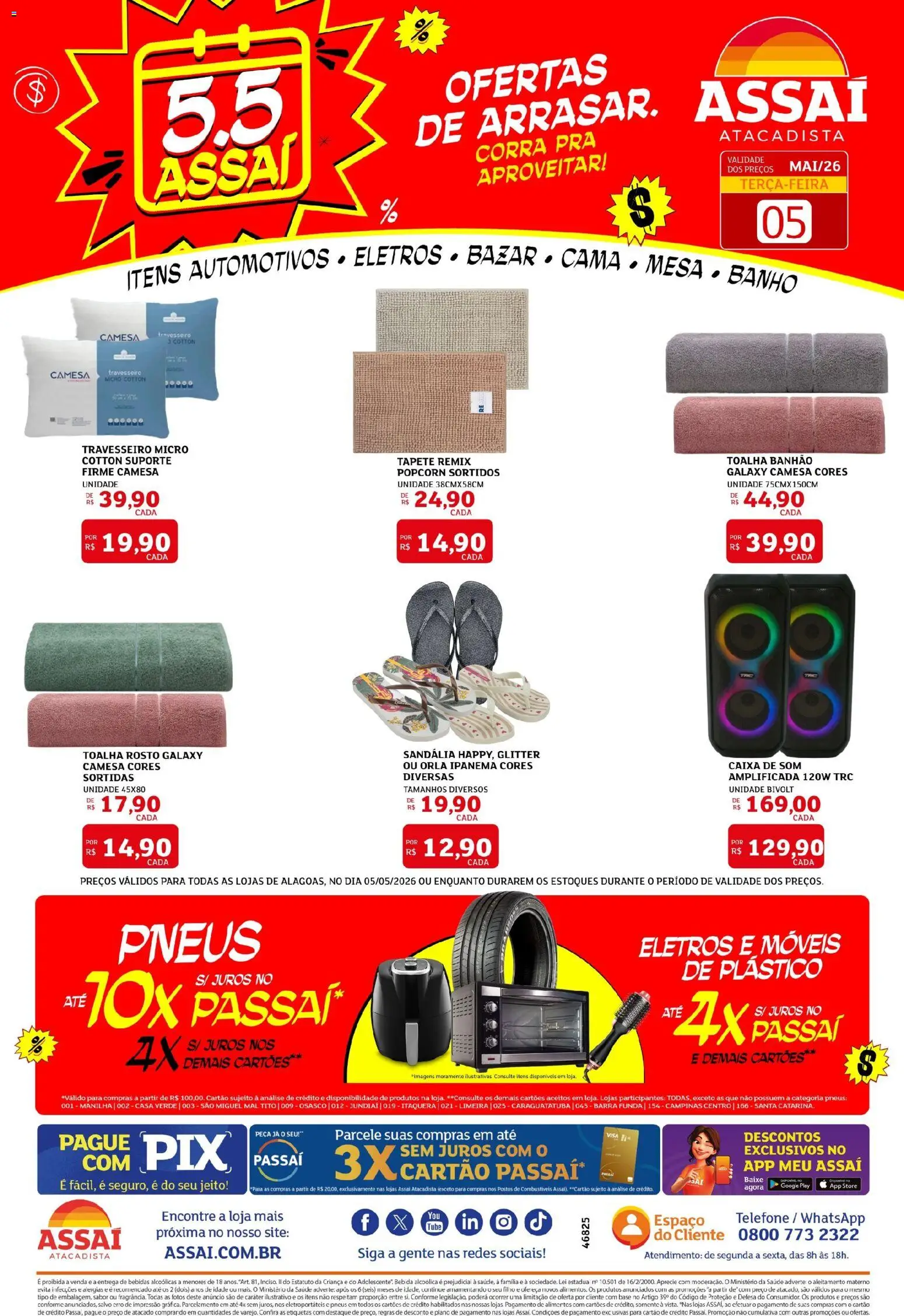 Assaí Atacadista Folheto - válido de 05.05.2026 | Página: 1 | Produtos: Caixa de som, Travesseiro, Base, Bebida