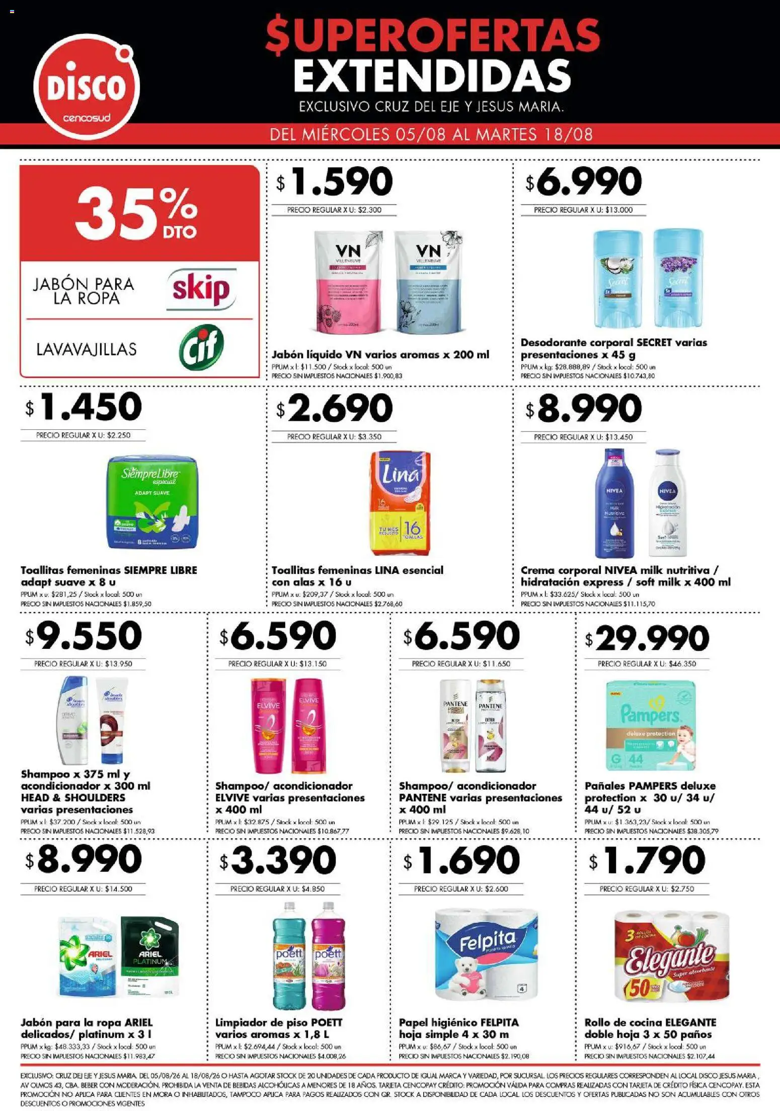 Disco - Superofertas extendidas - Cruz del Eje y Jesus Maria │ válido desde el 05/08/2026 | Página: 4 | Productos: Lavavajillas, Jabón líquido, Desodorante, Pañales