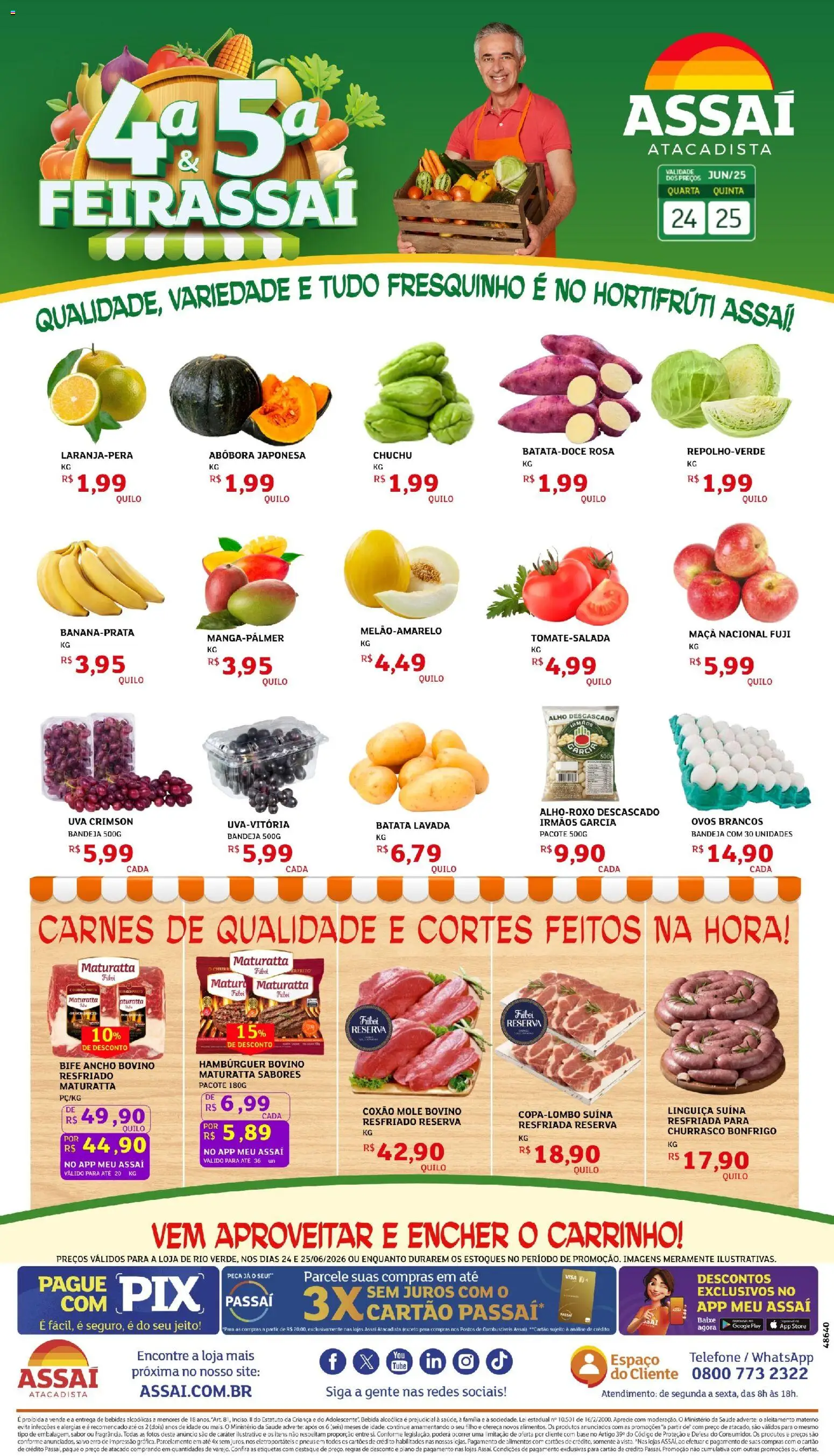 Assaí Atacadista Folheto - válido de 24/06/2026 | Página: 1 | Produtos: Chuchu, Linguiça, Carrinho, Telefone