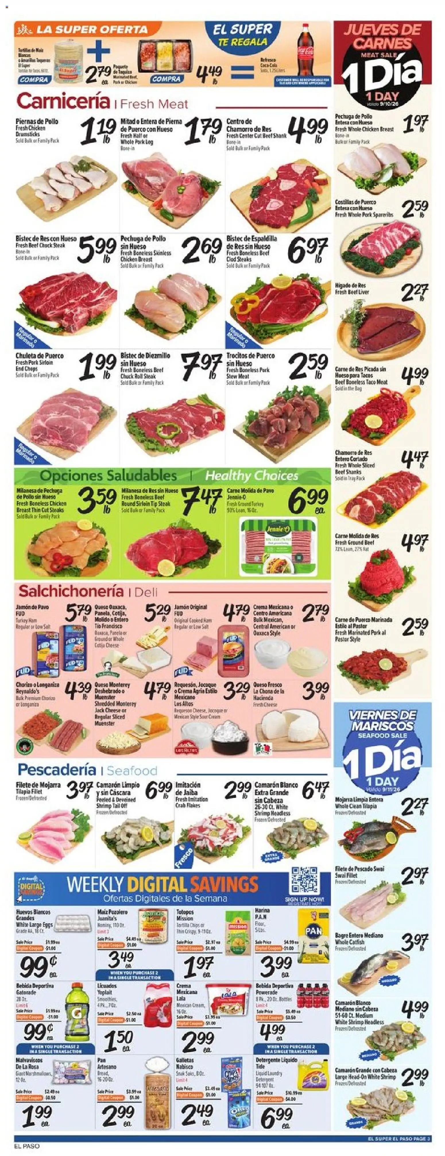 El Super Weekly Ad - TX - valid from 09/09/2026 | Page: 3 | Products: Meat, Chicken, Cheese, Drumsticks