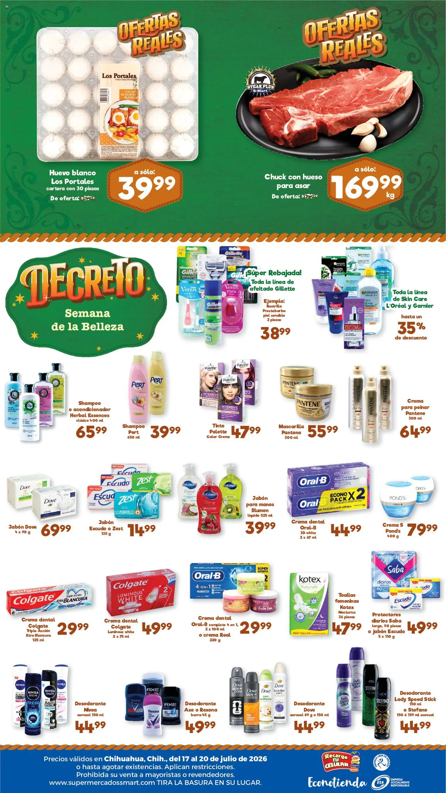 Nuevas ofertas de S-Mart válidas en toda la República Mexicana desde el 17/07/2026. ¡Encuentra las mejores ofertas en S-Mart folleto Ofertas de feria Chihuahua! | Página: 2 | Productos: Desodorante, Agua, Toallas, Acondicionador