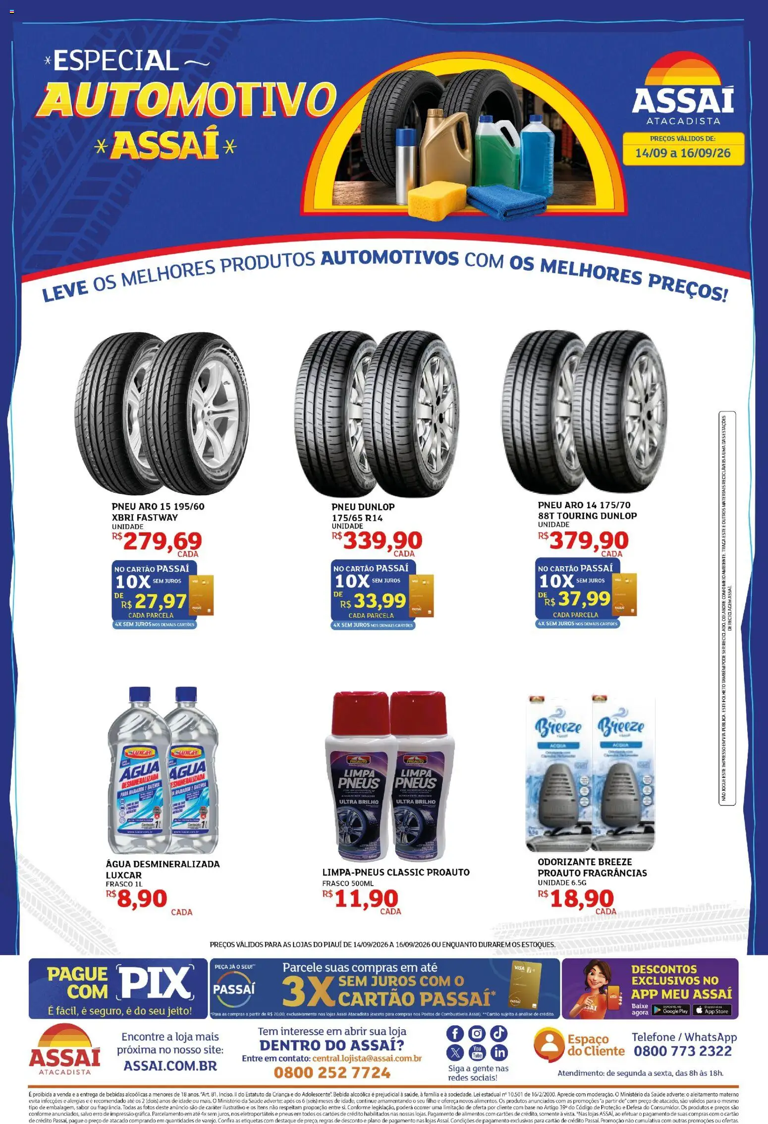 Assaí Atacadista Folheto - válido de 14/09/2026 | Página: 1 | Produtos: Pneus, Alimentos, Bebida, Telefone