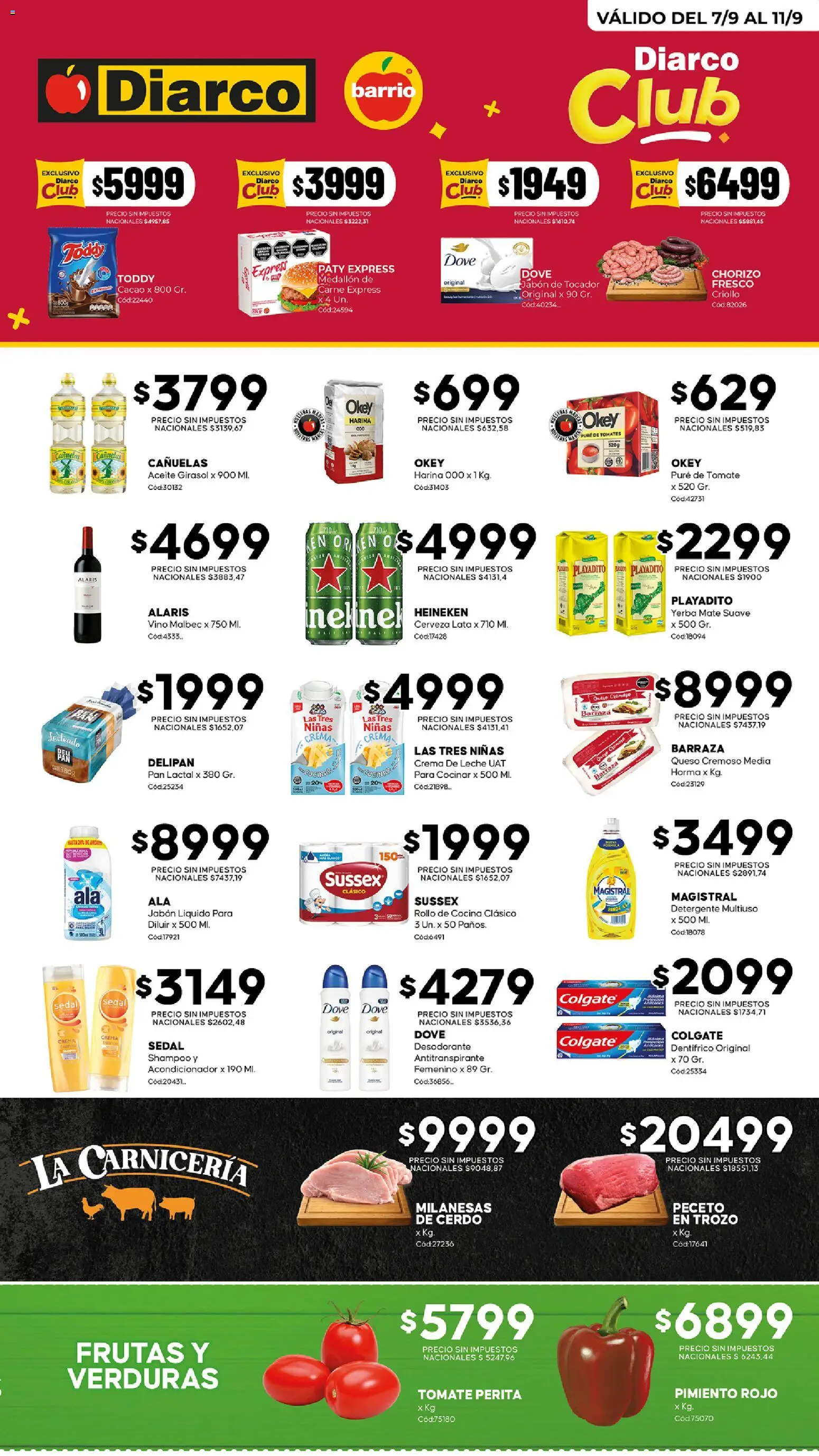 Diarco - Ofertas Barrio │ válido desde el 07/09/2026 | Página: 1 | Productos: Chorizo, Pan lactal, Cerveza, Tomates