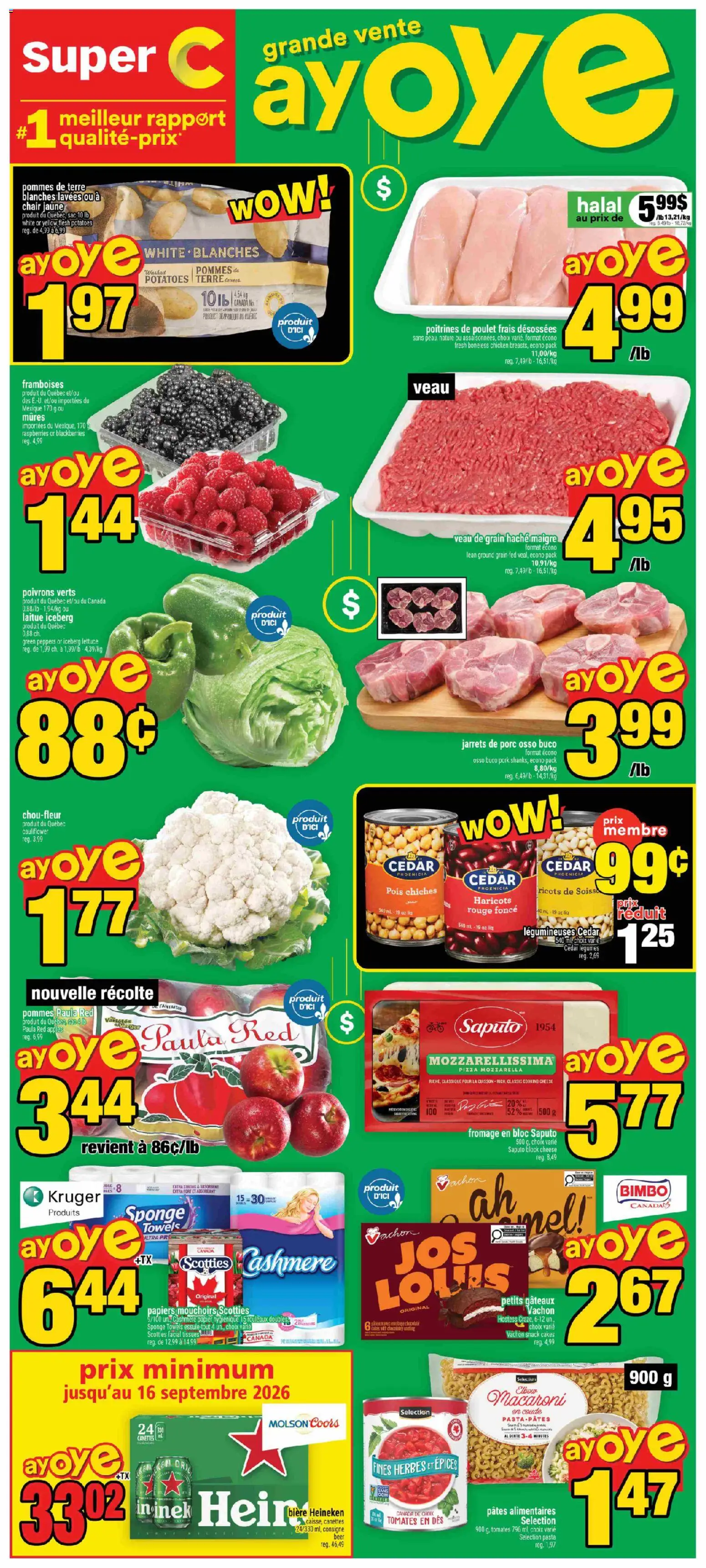 Super C flyer valid from Aug 27, 2026 | Page: 1 | Products: Iceberg lettuce, Pasta, Potatoes, Sponge