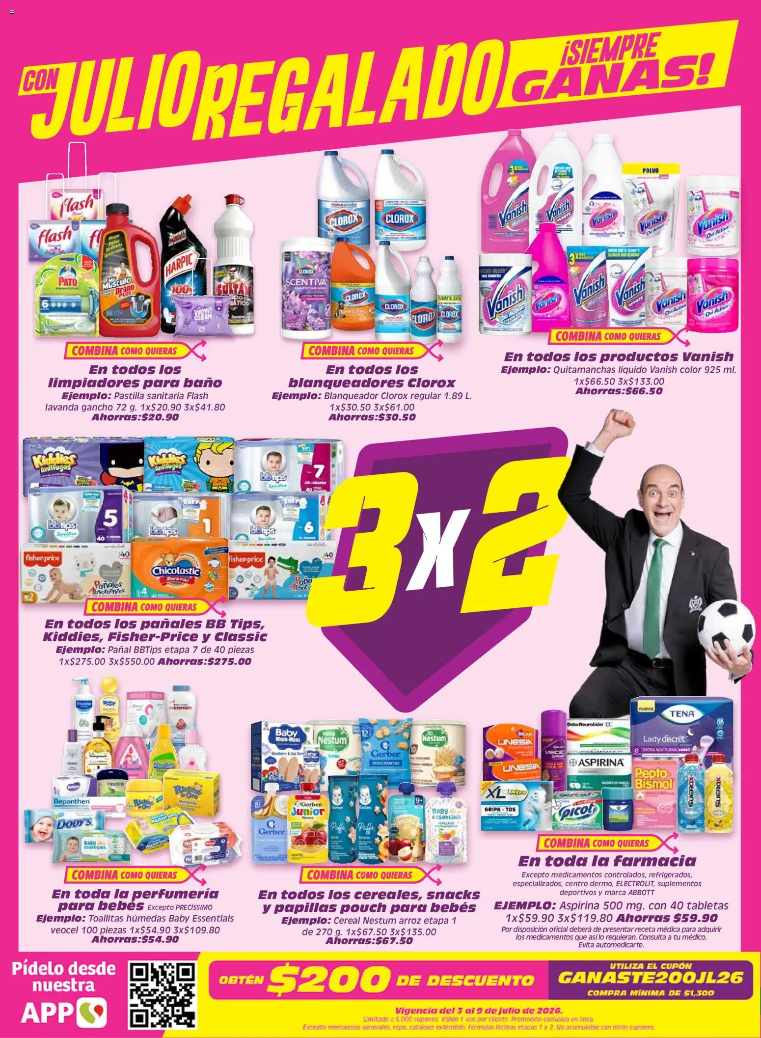 Nuevas ofertas de Soriana válidas en toda la República Mexicana desde el 03/07/2026. ¡Encuentra las mejores ofertas en Soriana Julio Regalado Súper Nacional! | Página: 4 | Productos: Quitamanchas, Toallitas húmedas, Arroz, Pañales