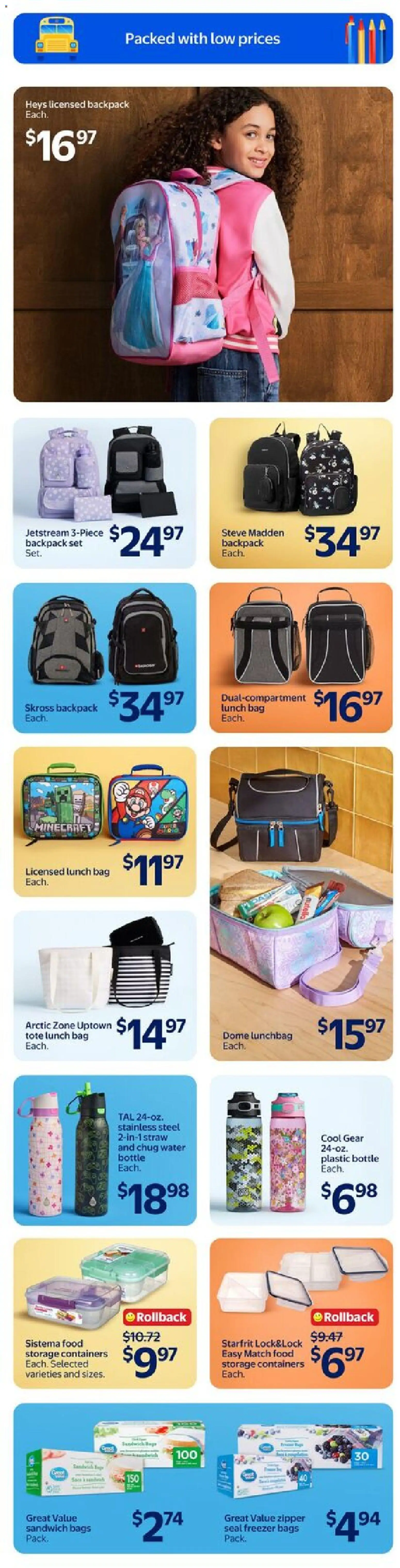 Walmart flyer valid from Aug 6, 2026 | Page: 11 | Products: Backpack, Bag, Freezer, Shoes