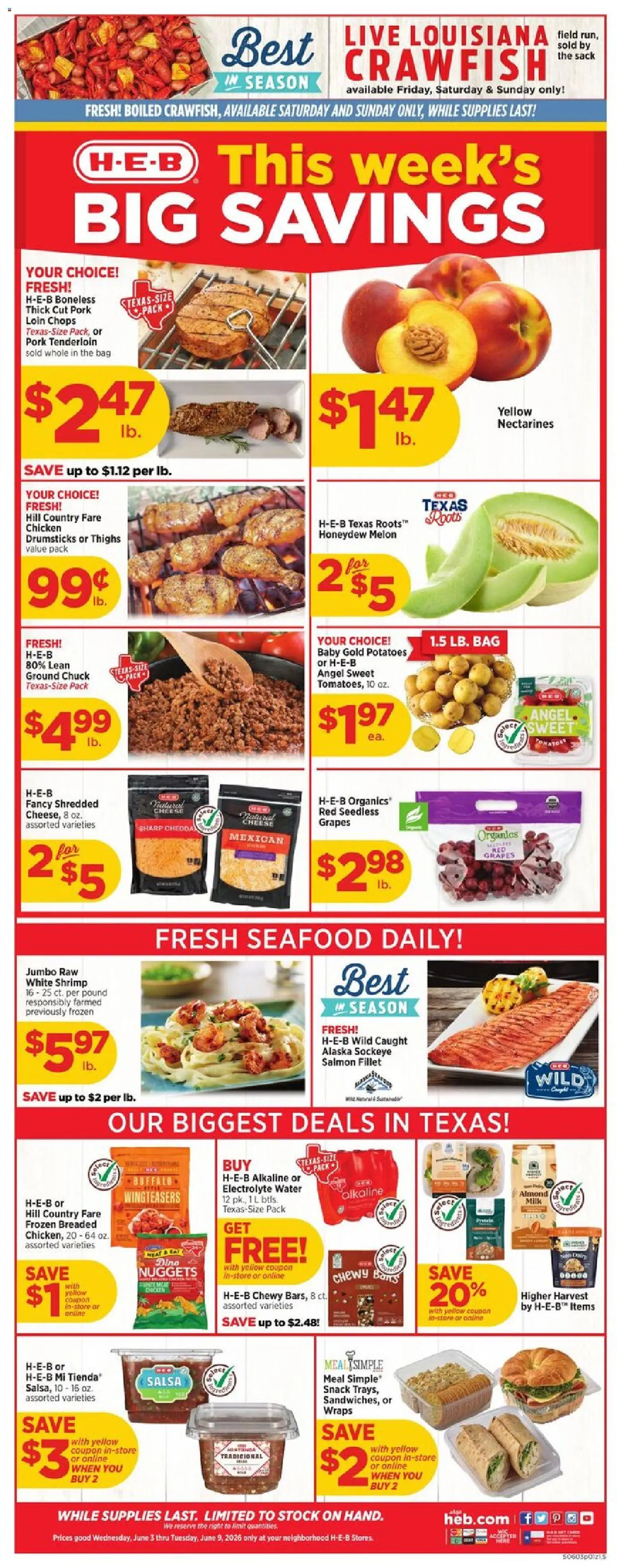 H-E-B Weekly Ad - valid from 03.06.2026 | Page: 1 | Products: Cheese, Tomatoes, Potatoes, Water