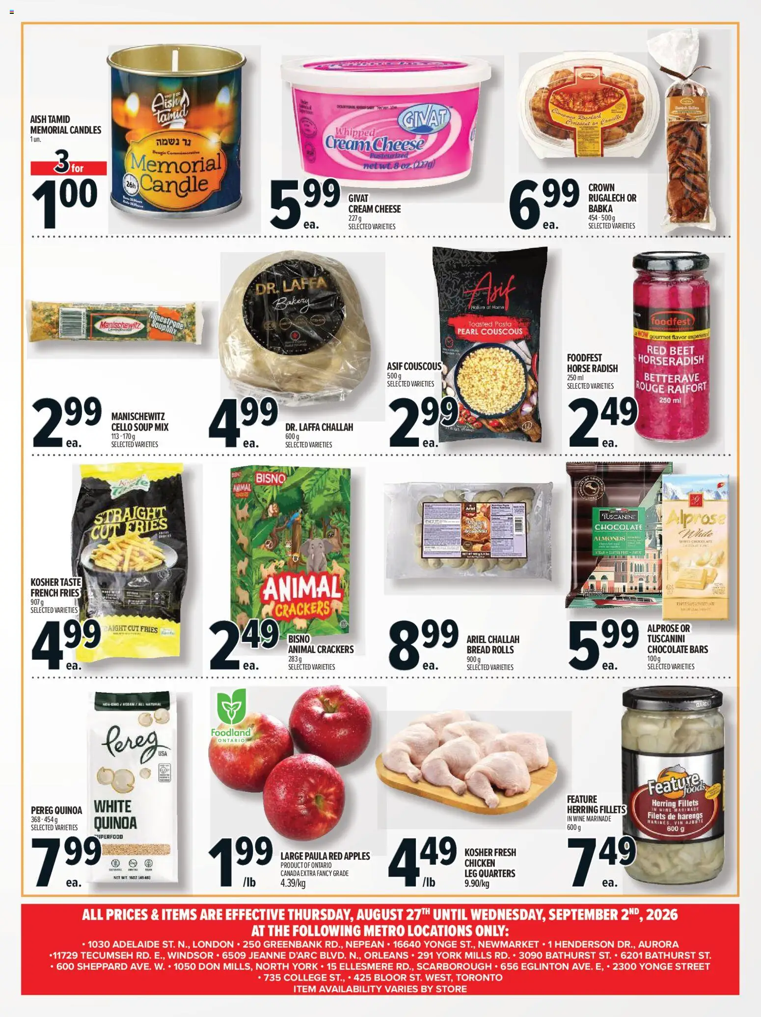 Metro flyer valid from Aug 27, 2026 | Page: 3 | Products: Cream cheese, Horseradish, Chocolate, Apples