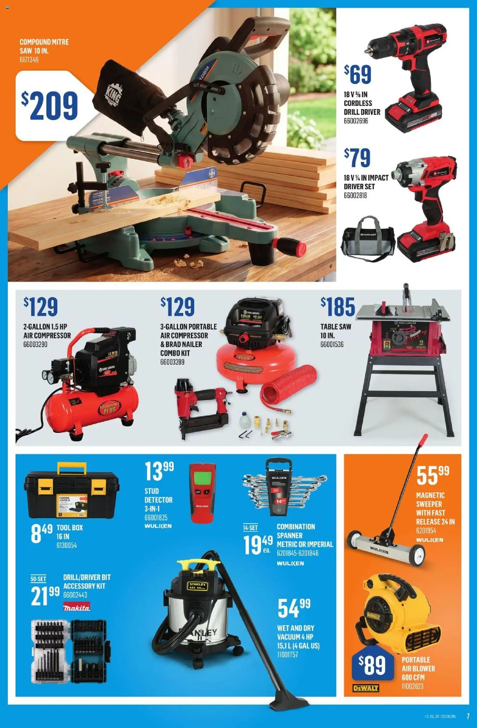 Canac flyer valid from Aug 13, 2026 | Page: 7 | Products: Compressor, Cordless drill, Air compressor, Coffee