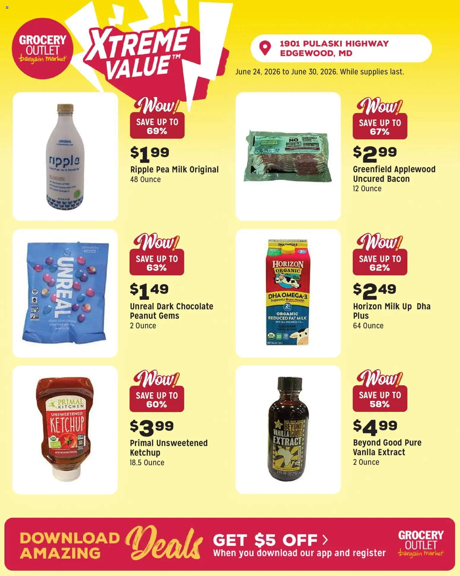 Grocery Outlet Weekly Ad - valid from 06/24/2026 | Page: 5 | Products: Milk, Chocolate, Ketchup, Pea