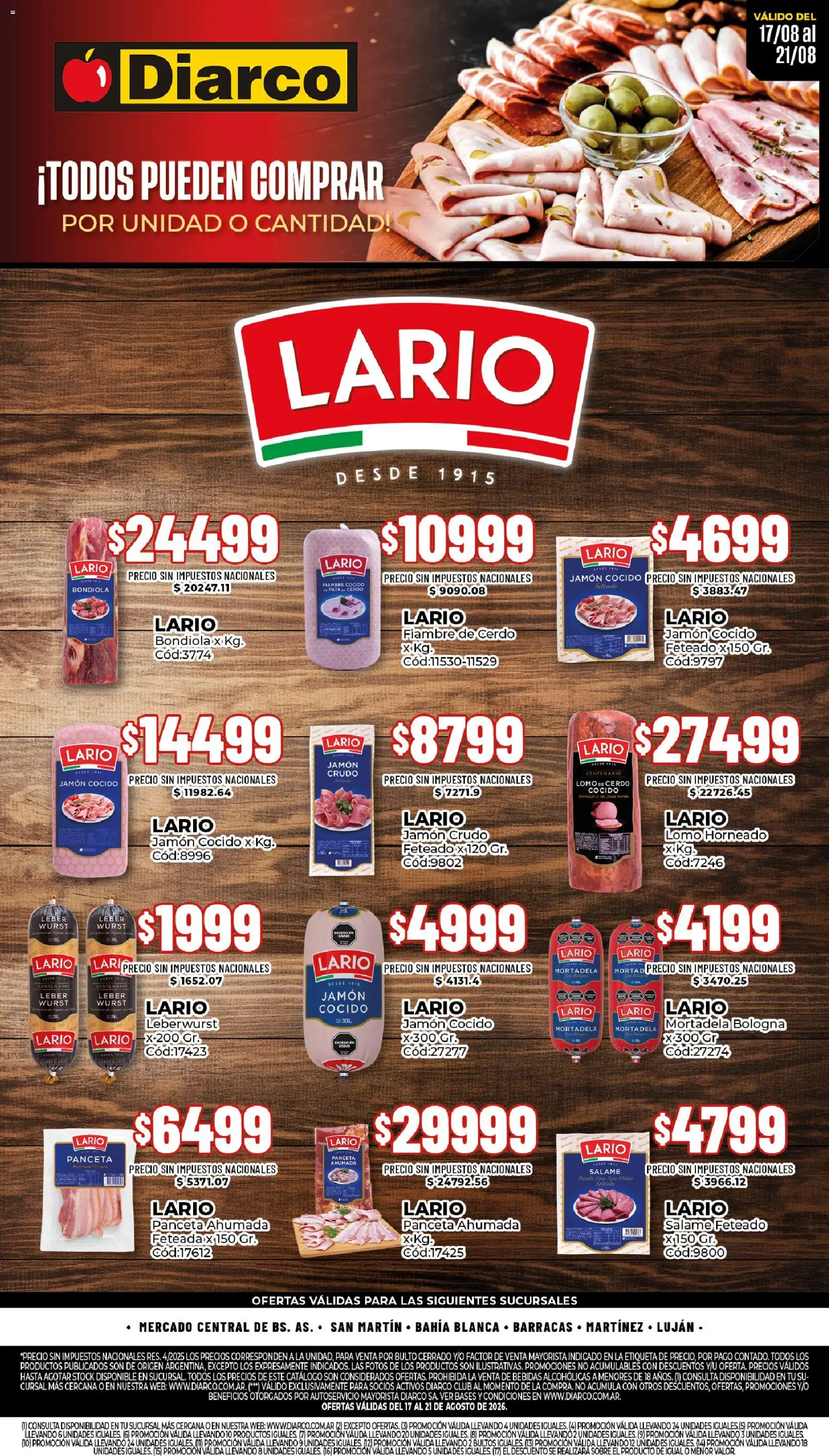 Diarco - Especial Lario │ válido desde el 17/08/2026 | Página: 1 | Productos: Lomo de cerdo, Bebidas, Jamón cocido, Jamón
