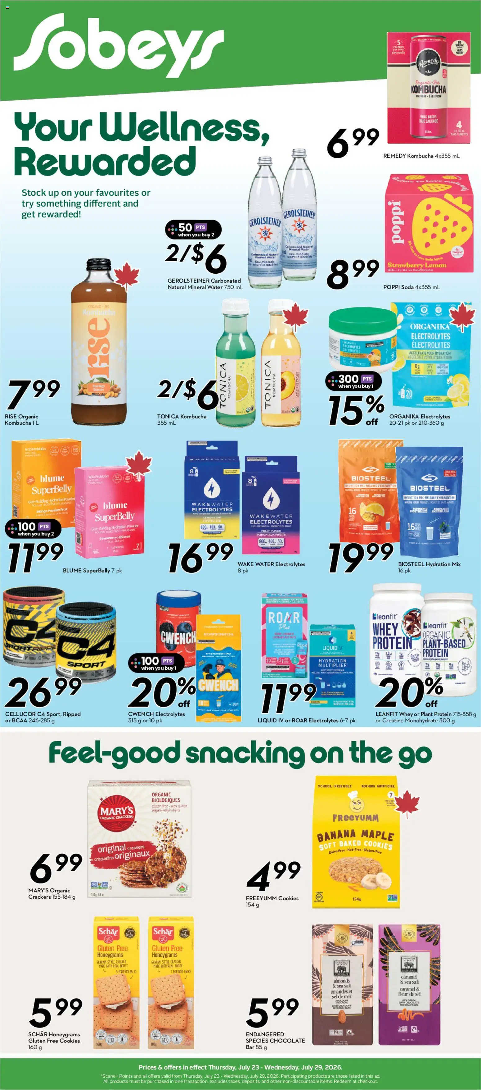 Sobeys flyer valid from Jul 23, 2026 | Page: 20 | Products: Powder, Honey, Chocolate, Protein