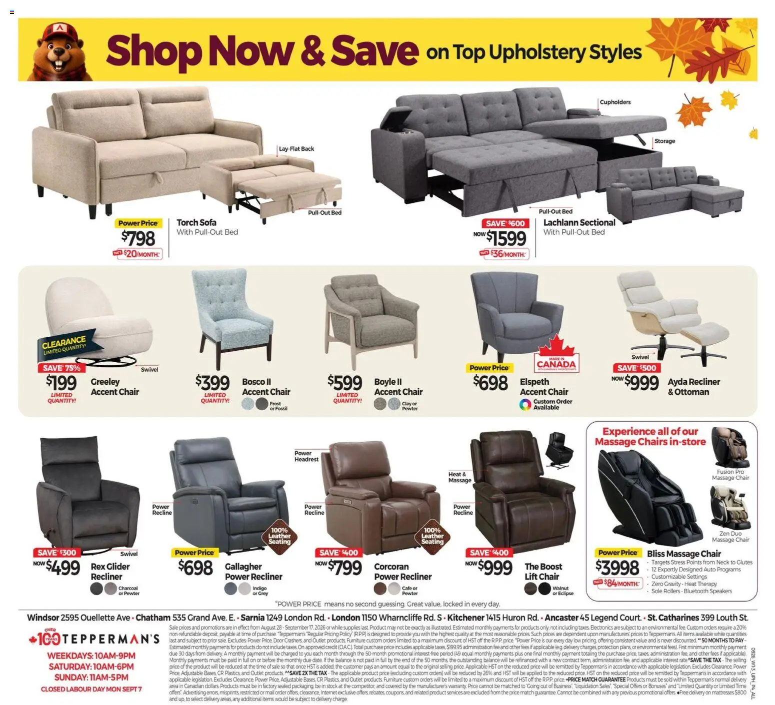 Tepperman's flyer valid from Aug 28, 2026 | Page: 12 | Products: Mattresses, Chair, Charcoal, Door