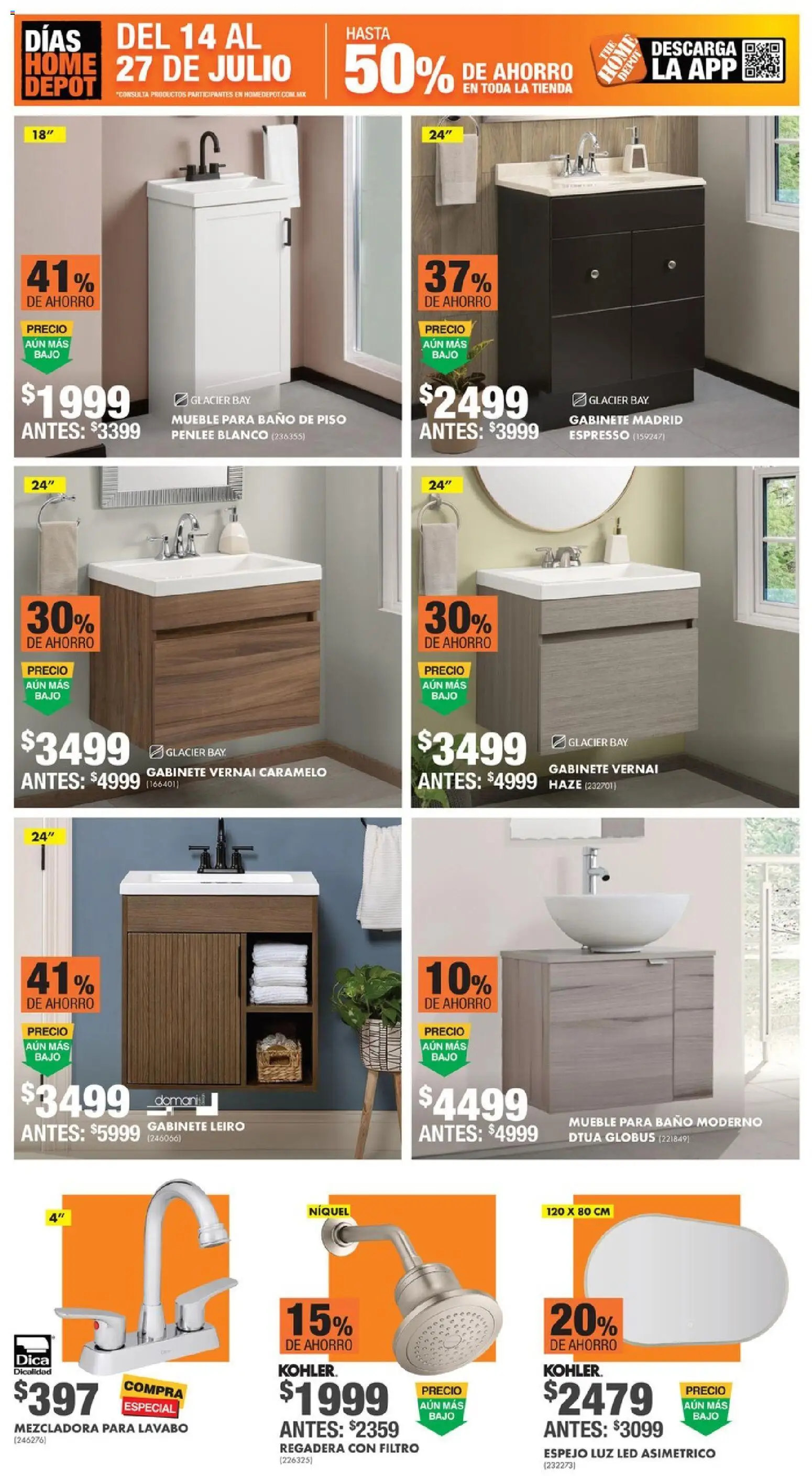 Nuevas ofertas de Home Depot válidas en toda la República Mexicana desde el 14/07/2026. ¡Encuentra las mejores ofertas en Home Depot catálogo! | Página: 5 | Productos: Gabinete, Lavabo, Regadera, Espejo