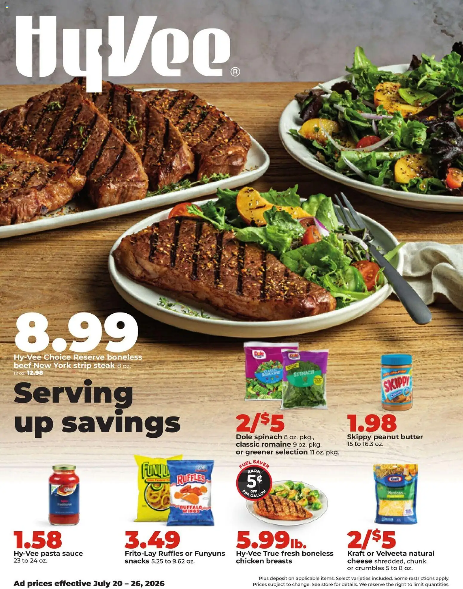HyVee Weekly Ad - valid from 07/20/2026 | Page: 1 | Products: Spinach, Butter, Pasta, Sauce