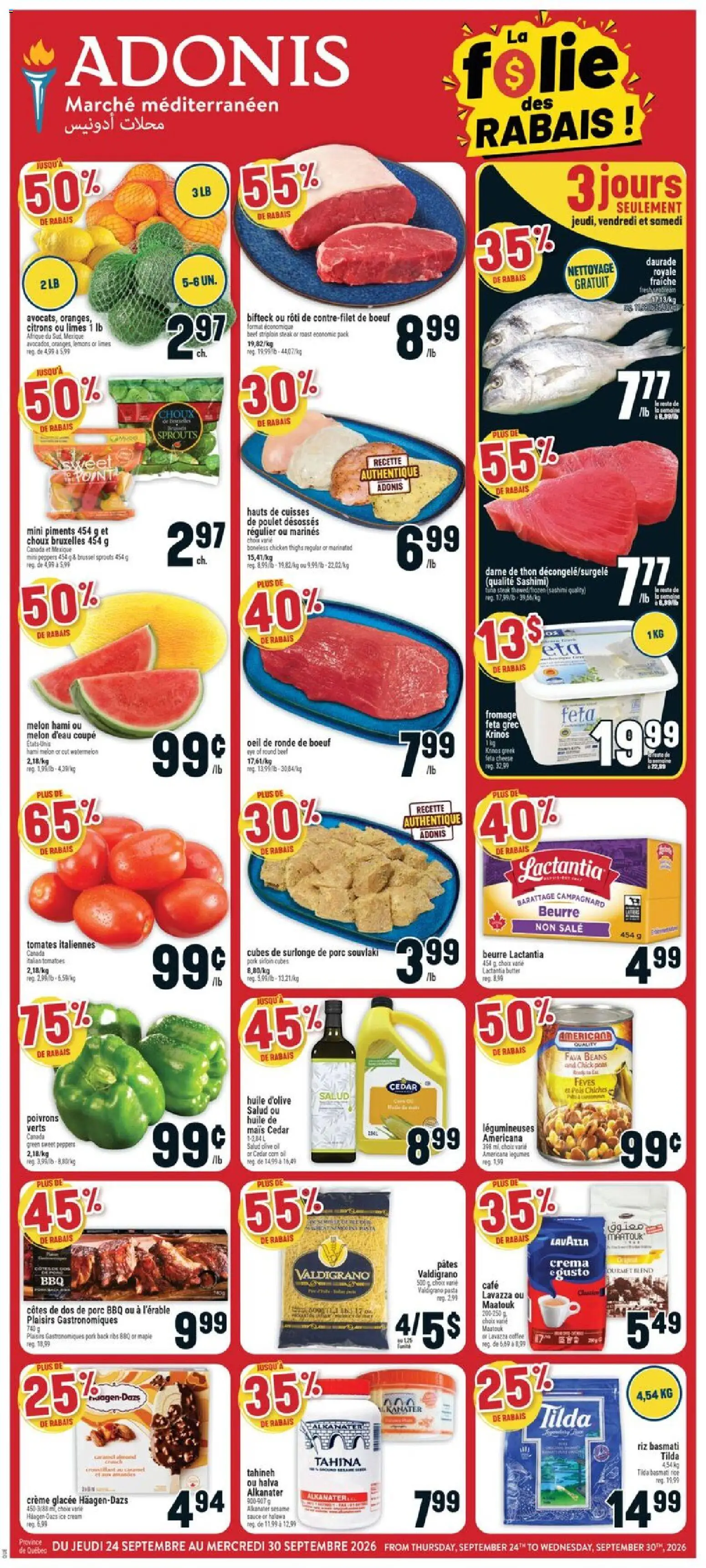 Adonis flyer valid from Sep 24, 2026 | Page: 1 | Products: Lemons, Cream, Beans, Cheese