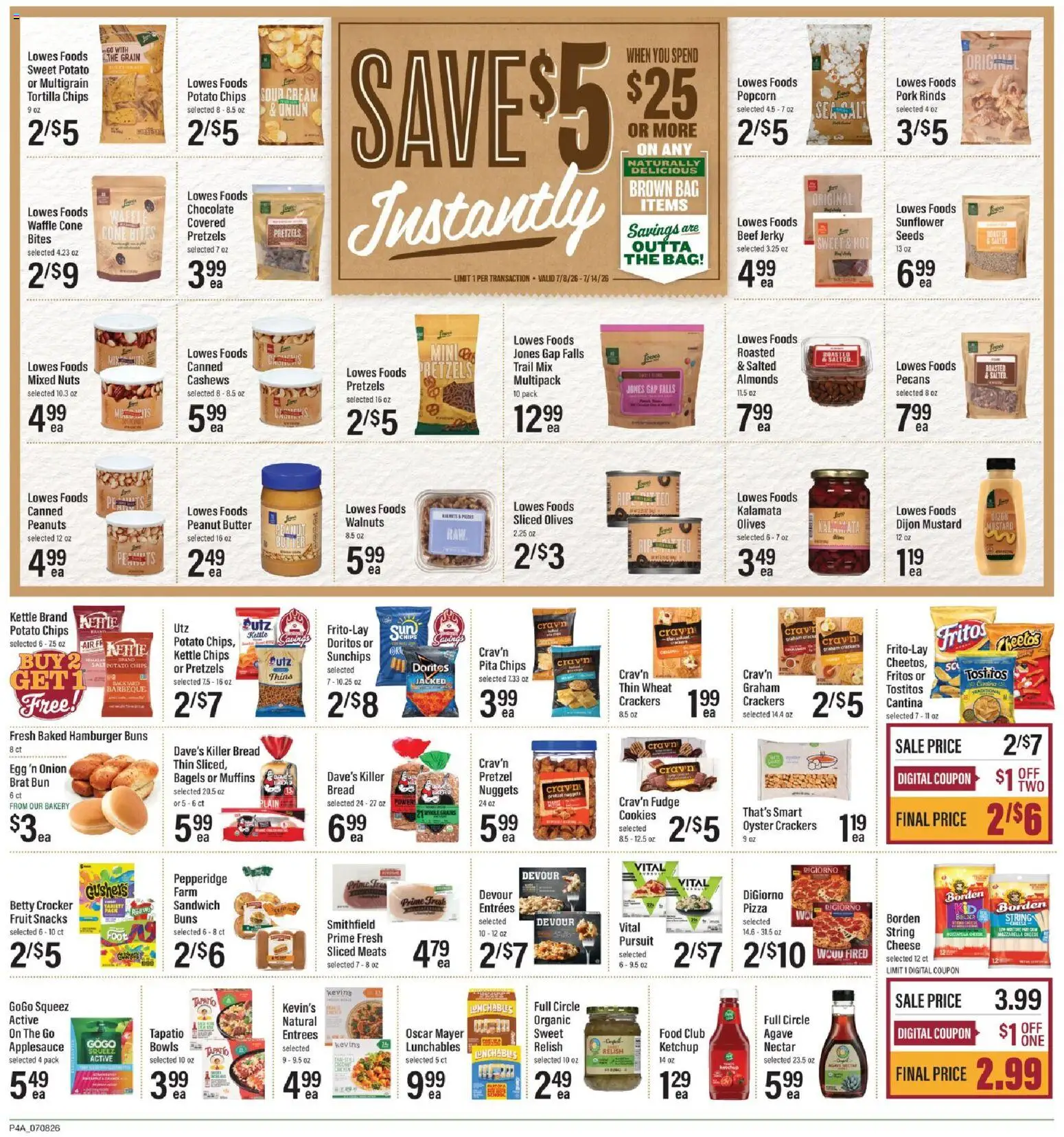 Lowes Foods Weekly Ad - valid from 07/08/2026 | Page: 6 | Products: Pizza, Chips, Nuts, Bag
