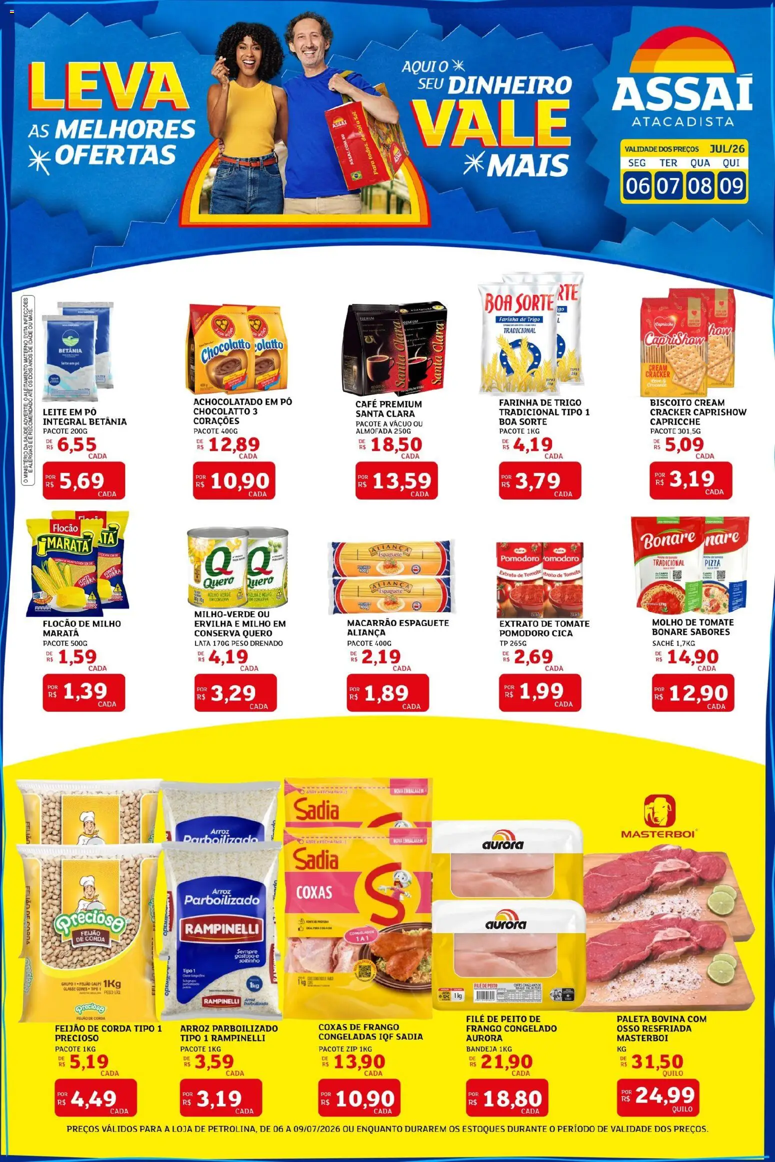 Assaí Atacadista Folheto - válido de 06/07/2026 | Página: 1 | Produtos: Espaguete, Biscoito, Farinha de trigo, Pizza