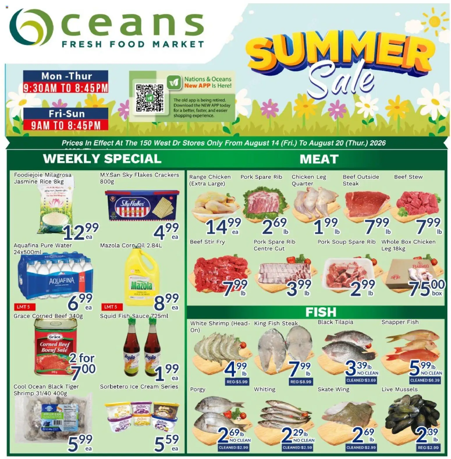 Oceans flyer valid from Aug 14, 2026 | Page: 1 | Products: Fish, Tilapia, Meat, Ice