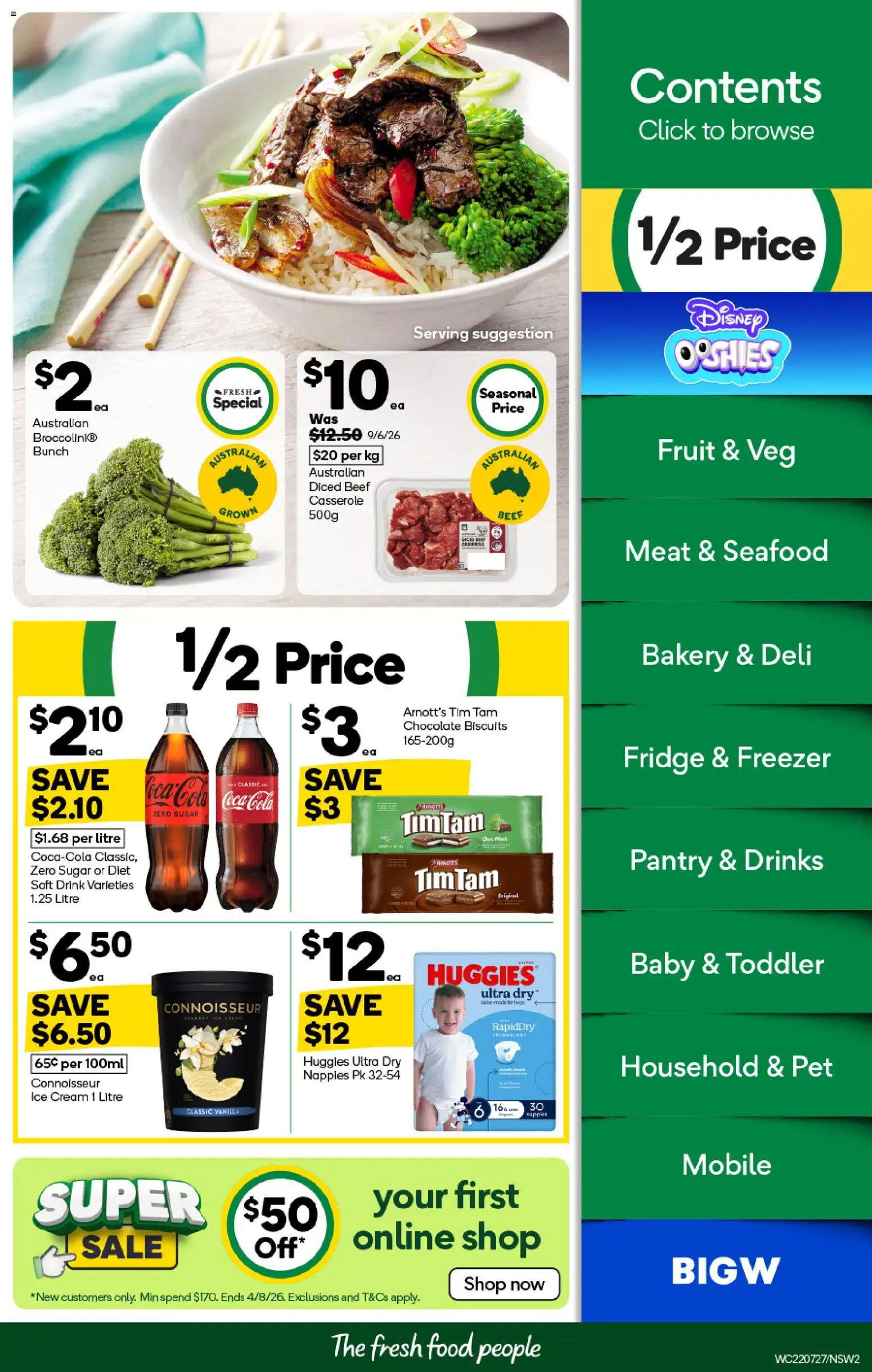 Woolworths catalogue - valid from 22/07/2026 | Page: 2 | Products: Household, Beef, Coca Cola Zero, Biscuits
