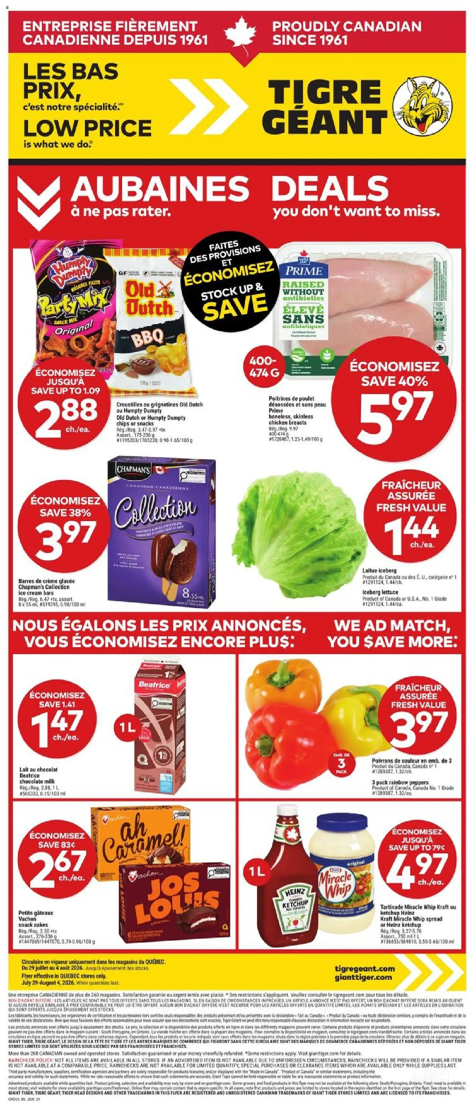 Giant Tiger flyer valid from Jul 29, 2026 | Page: 1 | Products: Ketchup, Cream, Chicken breasts, Milk