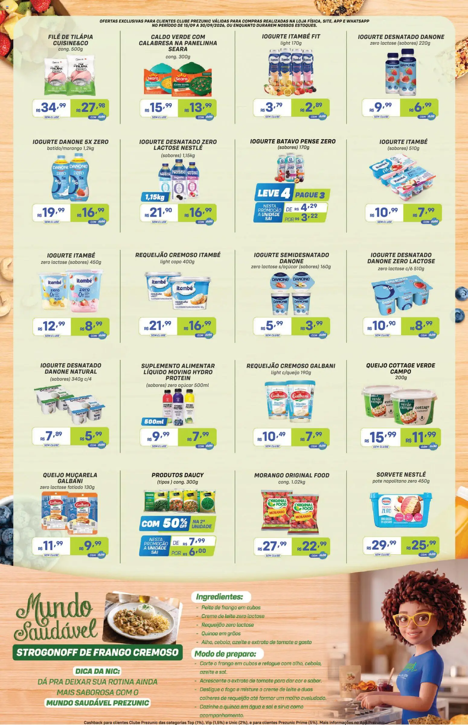 Prezunic Folheto - válido de 15/09/2026 | Página: 2 | Produtos: Leite, Muçarela, Sorvete, Peito de frango