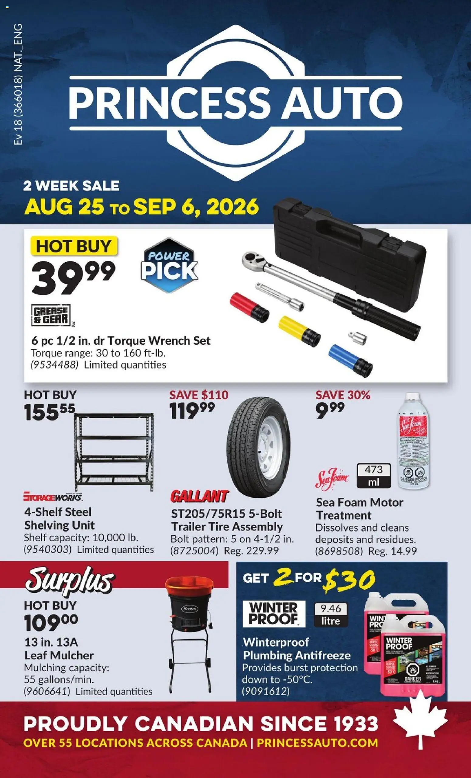 Princess Auto flyer valid from Aug 25, 2026 | Page: 1 | Products: Trailer, PC, Foam, Shelf