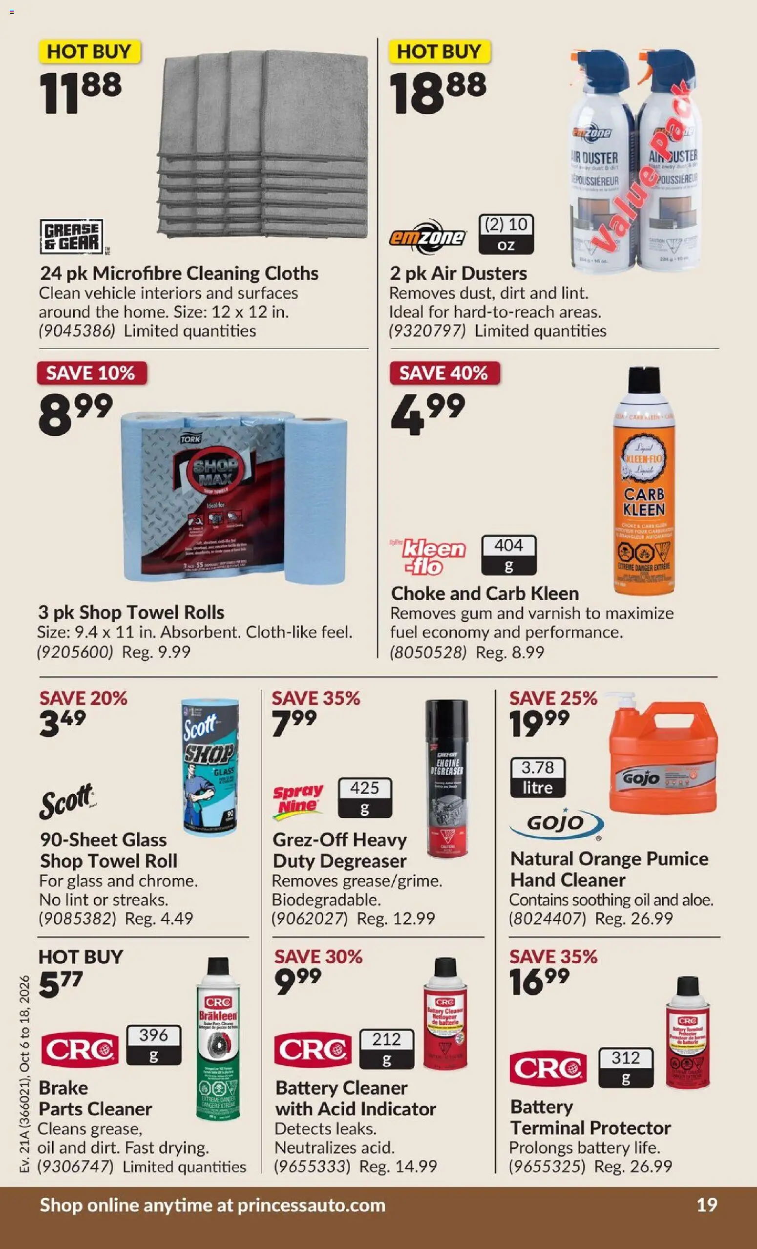 Princess Auto flyer valid from Oct 6, 2026 | Page: 26 | Products: Cleaning cloths, Battery, Oil