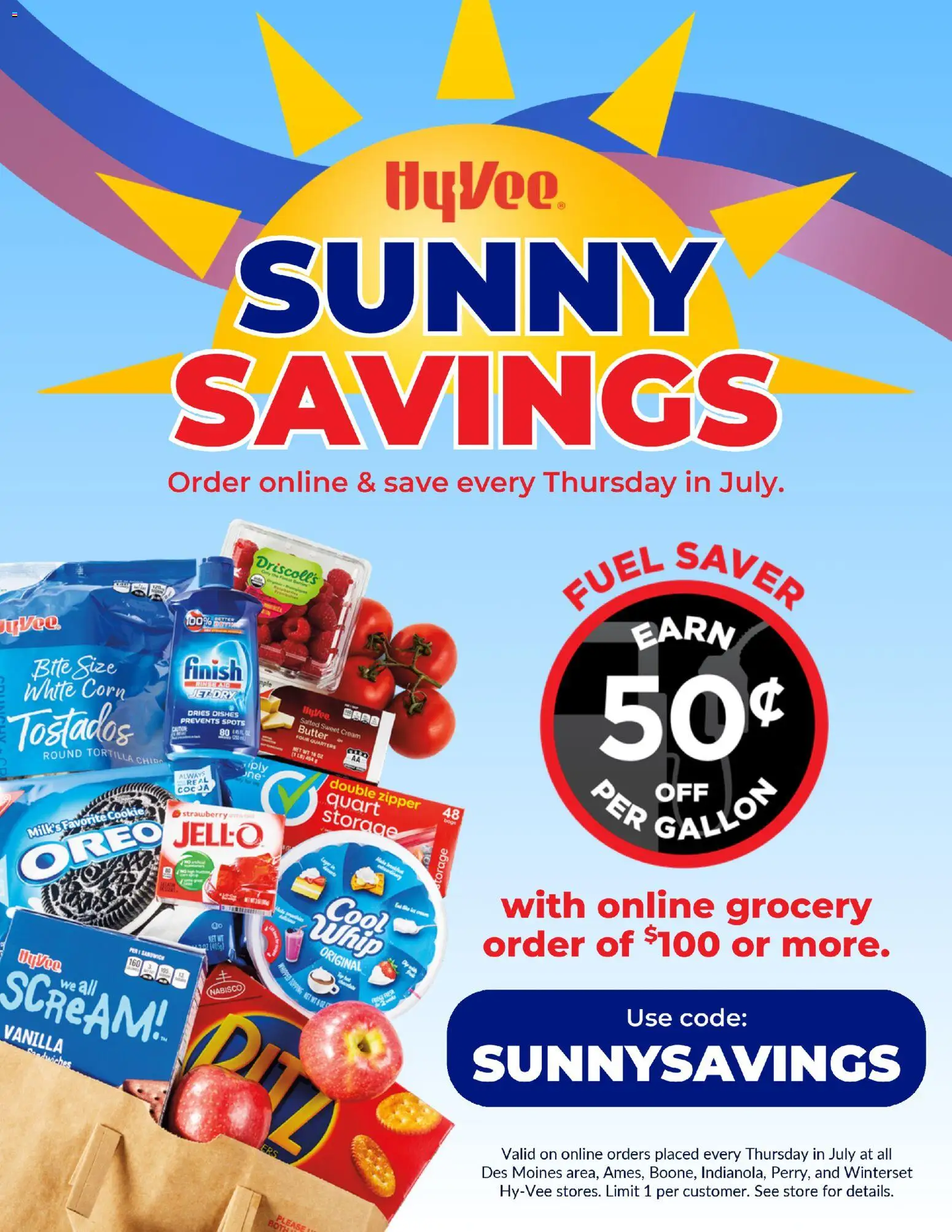 HyVee Sunny Savings Online Fuel Saver - valid from 07/13/2026 | Page: 1 | Products: Corn, Butter, Cream