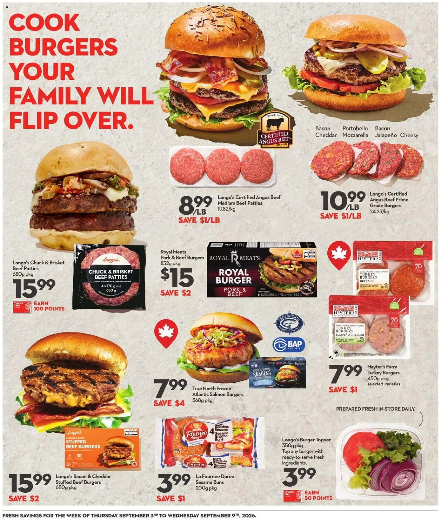 Longo's flyer valid from Sep 3, 2026 | Page: 15 | Products: Beef, Mozzarella, Turkey, Burgers