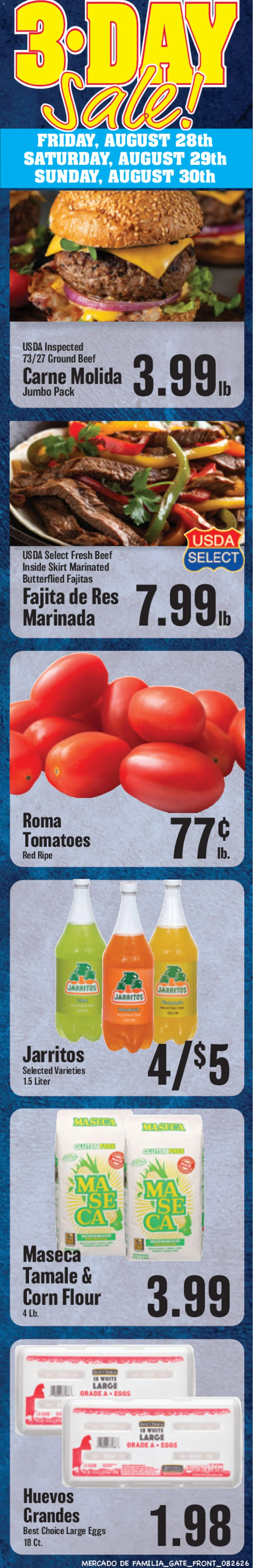 Market Basket Mercado de Familia Weekly Ad - valid from 08/26/2026 | Page: 1 | Products: Corn, Tomatoes, Ground beef, Flour