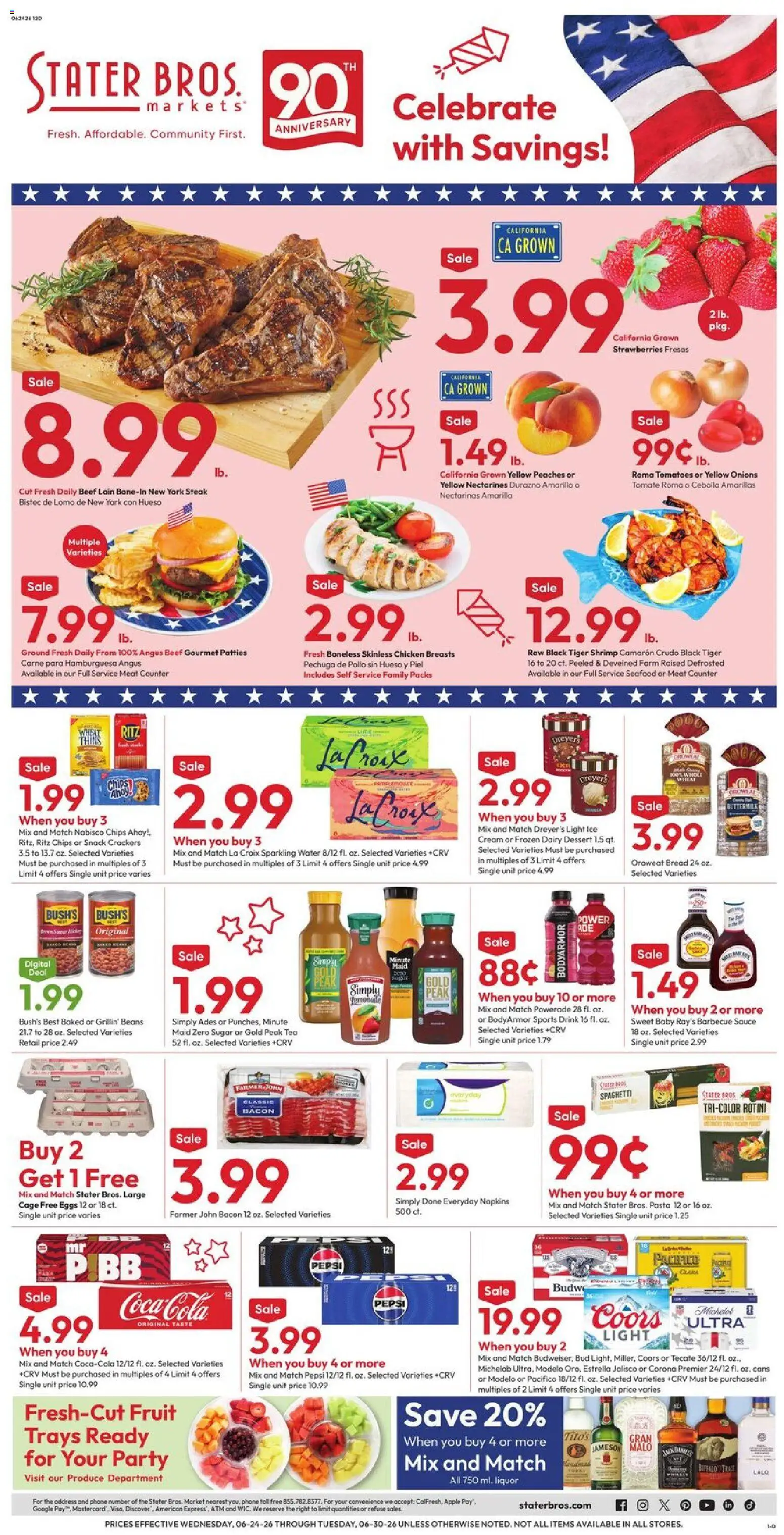Stater Bros Weekly Ad - valid from 06/24/2026 | Page: 1 | Products: Peaches, Eggs, Pasta, Seafood