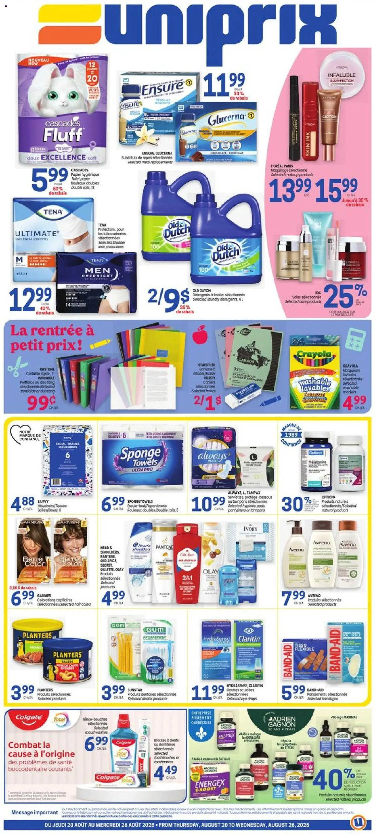 Uniprix flyer valid from Aug 20, 2026 | Page: 1 | Products: Boots, Sponge, Towels, Tampons