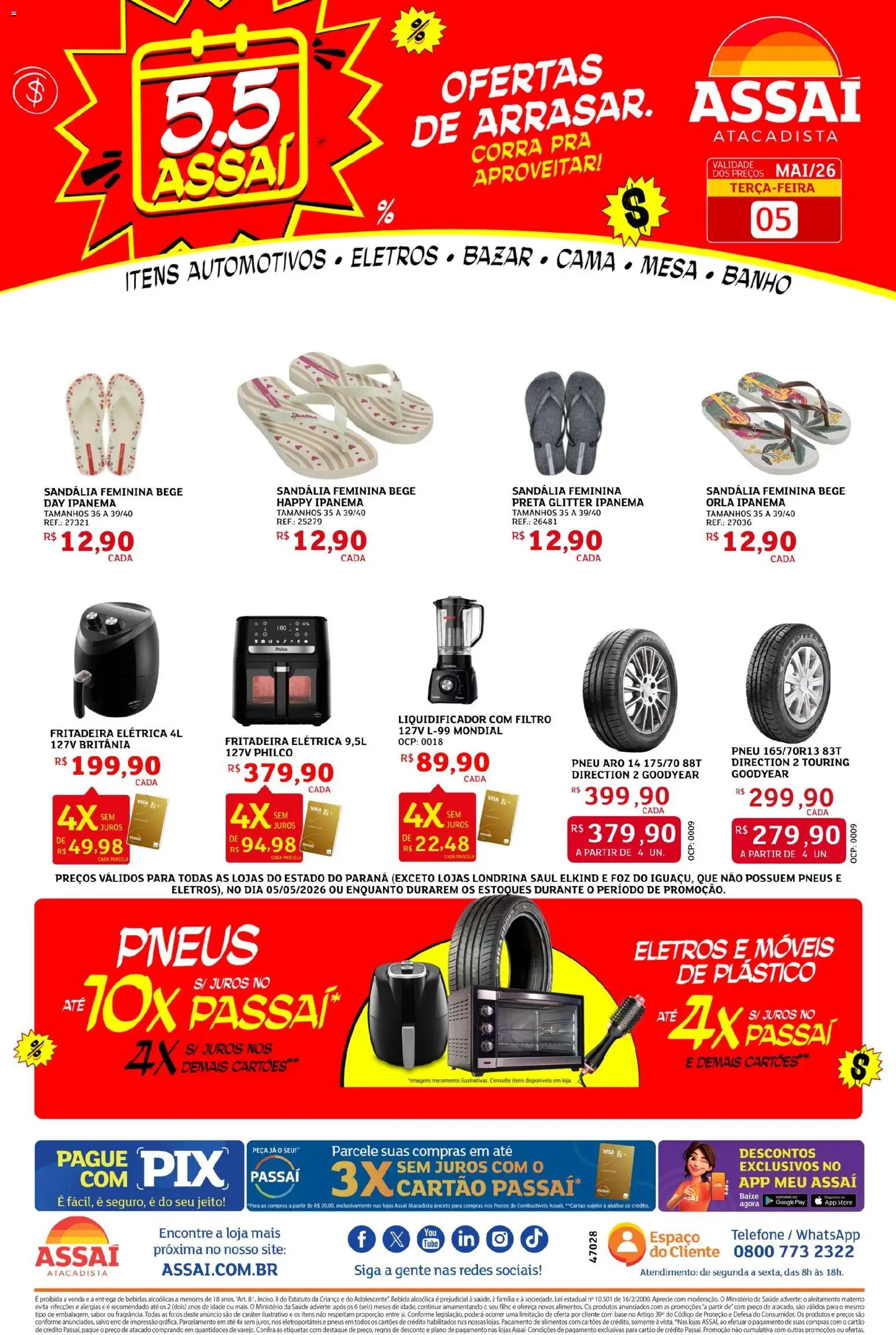 Assaí Atacadista Folheto - válido de 05.05.2026 | Página: 1 | Produtos: Pneu, Fritadeira elétrica, Mesa, Base
