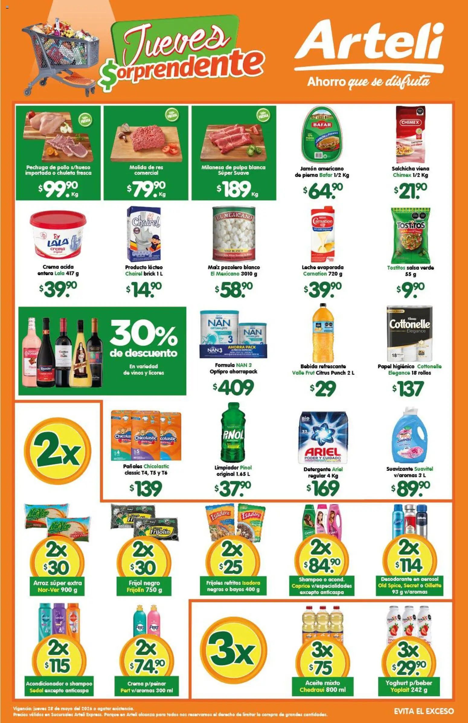 Nuevas ofertas de Arteli válidas en toda la República Mexicana desde el 28.05.2026. ¡Encuentra las mejores ofertas en Arteli folleto Express! | Página: 1 | Productos: Salchicha, Crema, Limpiador, Pañales
