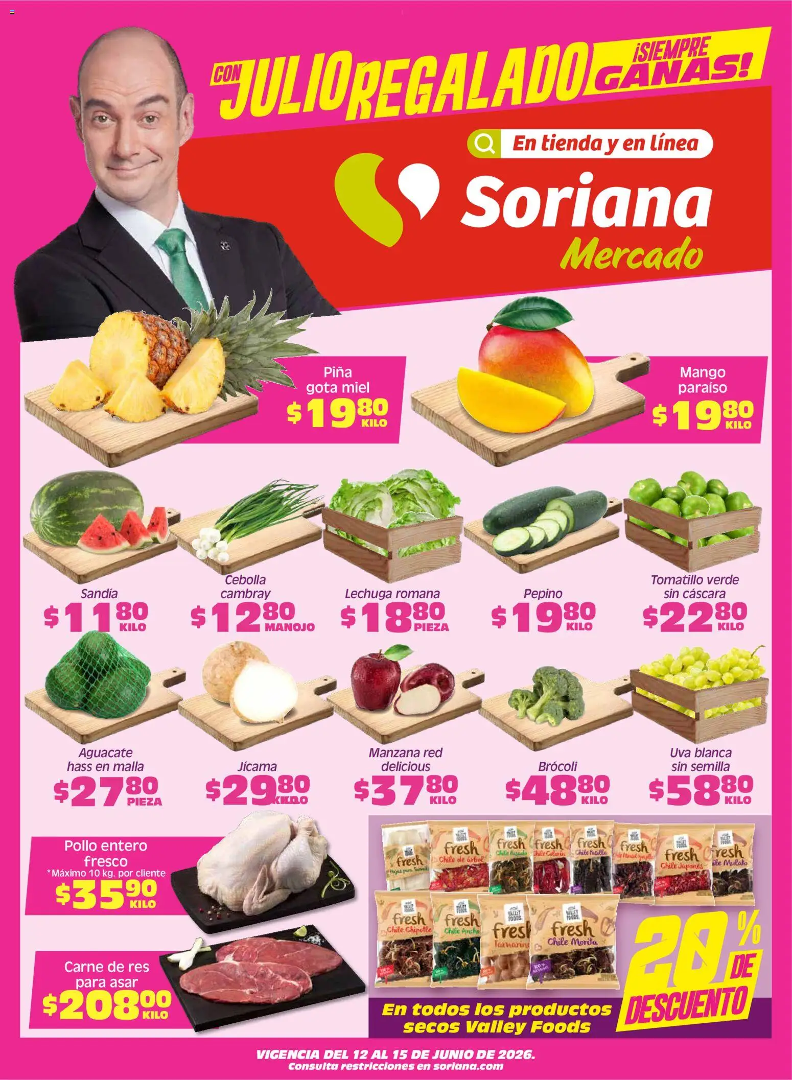 Nuevas ofertas de Soriana válidas en toda la República Mexicana desde el 12.06.2026. ¡Encuentra las mejores ofertas en Soriana Fin de Semana Mercado: Nuevo León! | Página: 1 | Productos: Pollo, Aguacate, Res, Piña