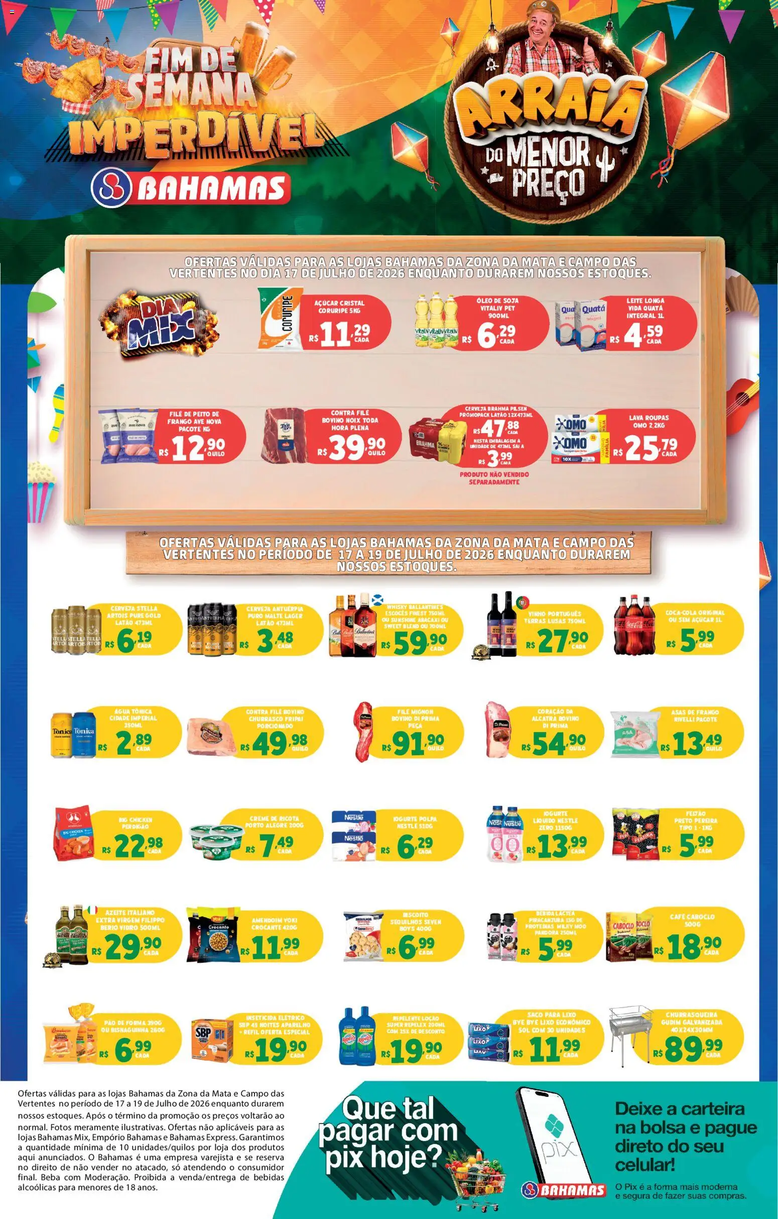 Bahamas Supermercados Folheto - válido de 17/07/2026 | Página: 1 | Produtos: Celular, Pão, Ricota, Roupas