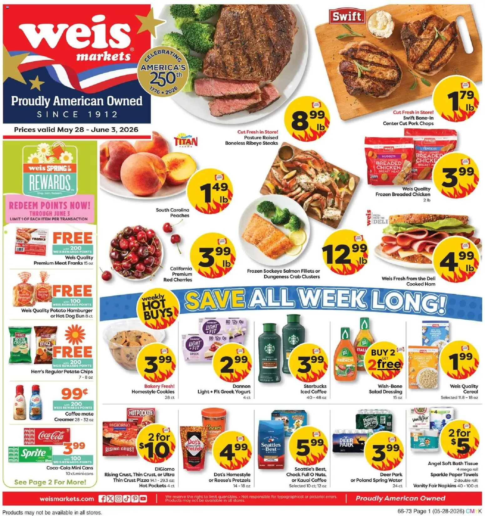 Weis Weekly Circular - VA - valid from 28.05.2026 | Page: 1 | Products: Peaches, Coffee, Cookies, Salad
