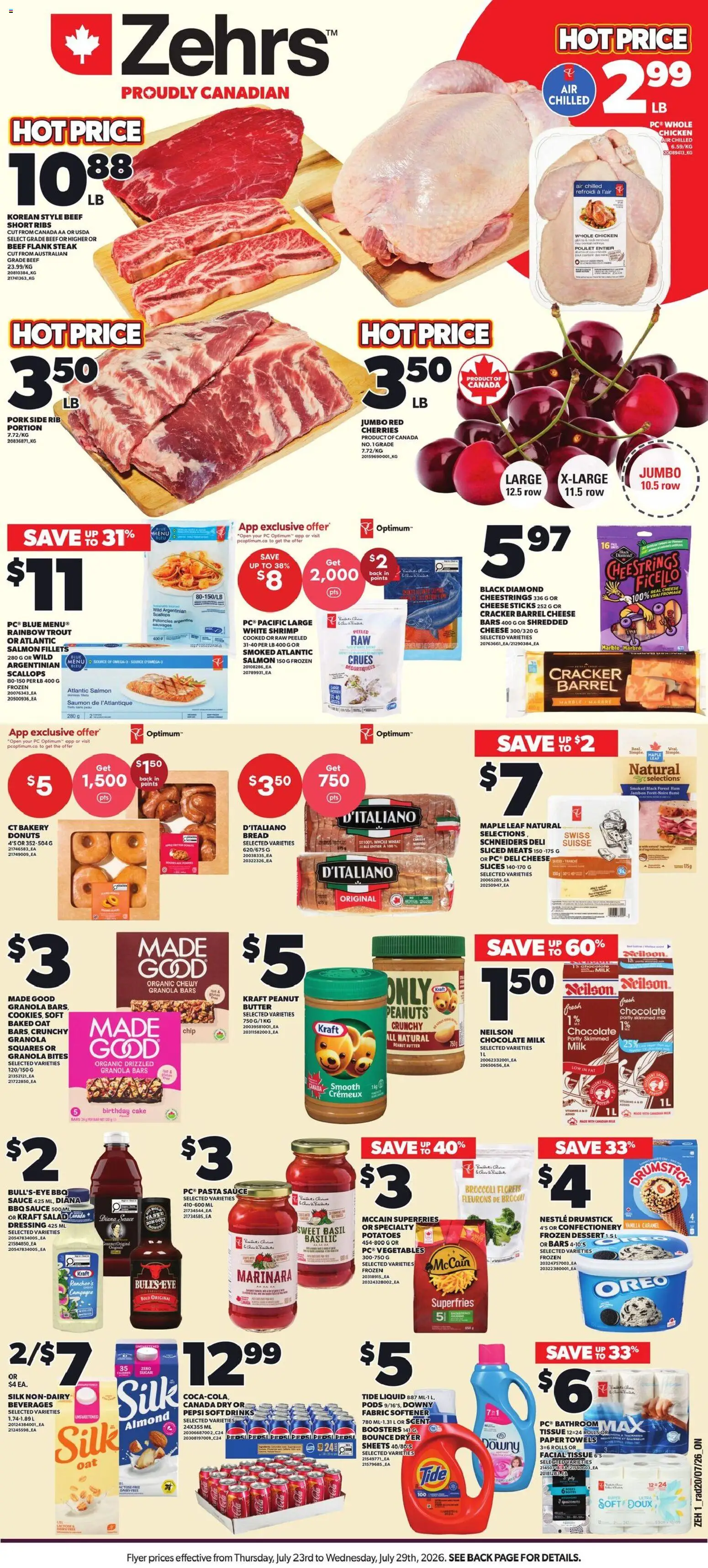 Zehrs flyer valid from Jul 23, 2026 | Page: 1 | Products: Cake, Chocolate, Flank steak, Protein
