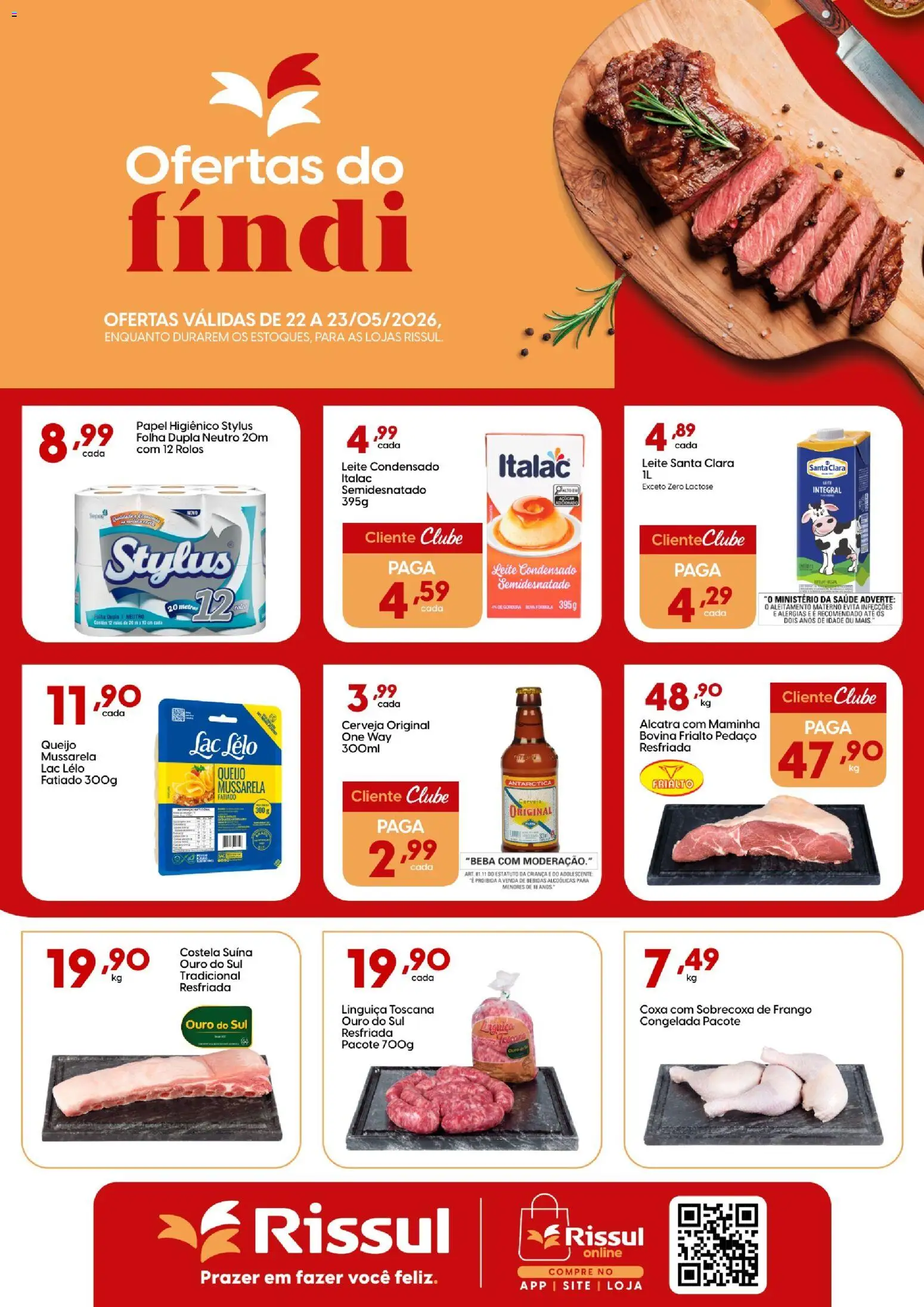 Rissul Folheto - válido de 22.05.2026 | Página: 1 | Produtos: Linguiça, Açúcar, Papel higiênico, Mussarela
