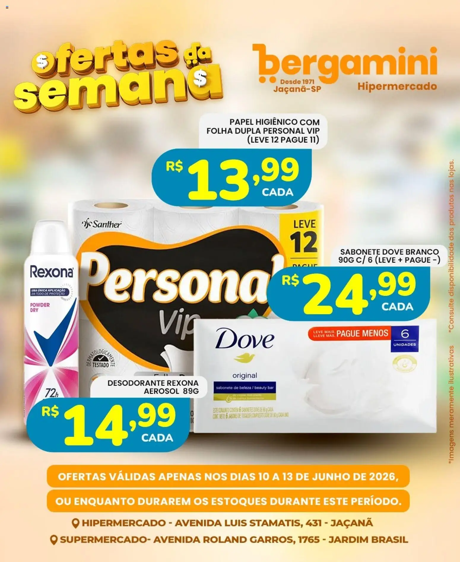 Supermercado Bergamini Folheto - válido de 10.06.2026 | Página: 14 | Produtos: Desodorante, Sabonete, Rexona, Dove