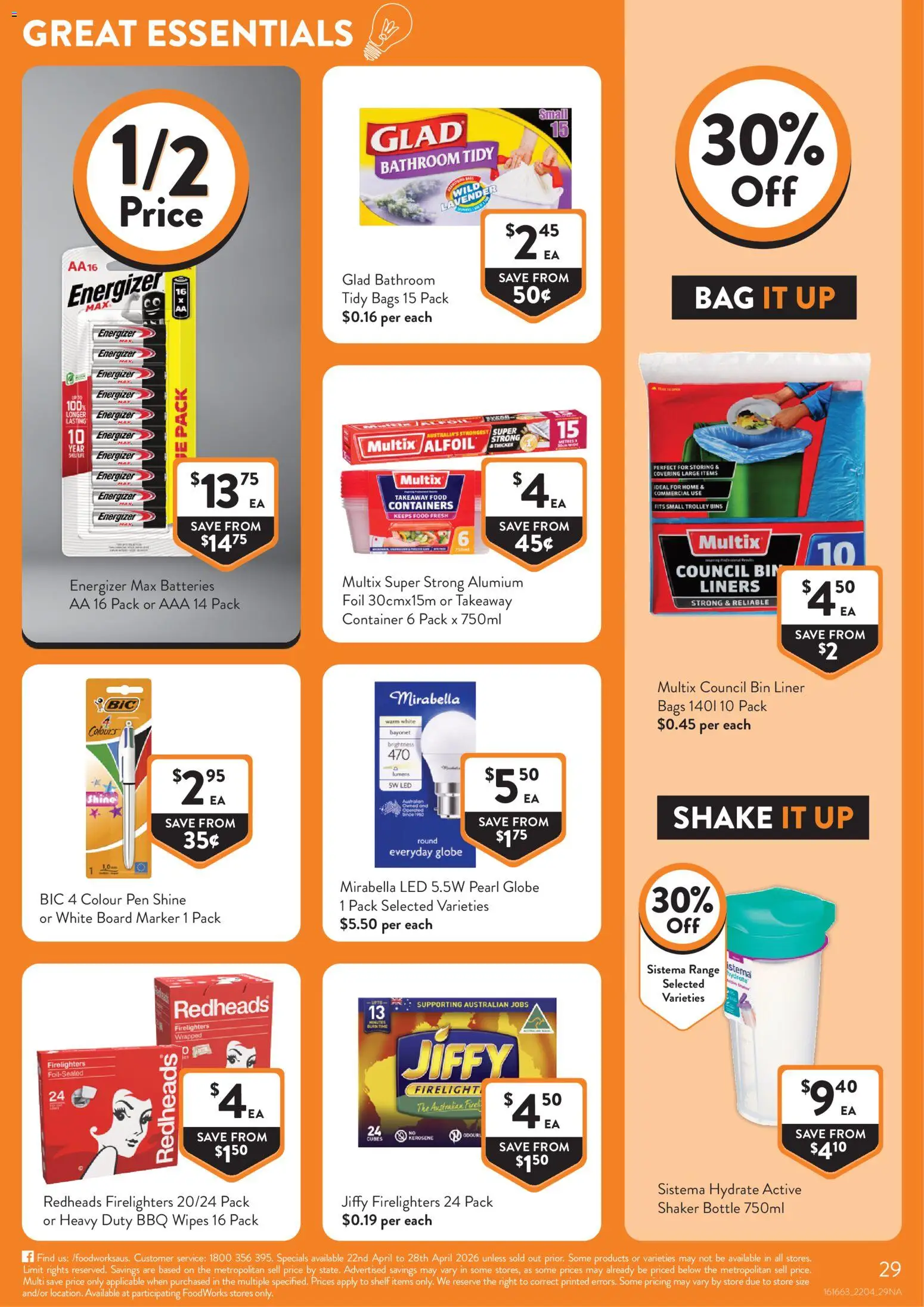 Foodworks catalogue - valid from 22.04.2026 | Page: 29 | Products: Shelf, Batteries, Bag, Bathroom