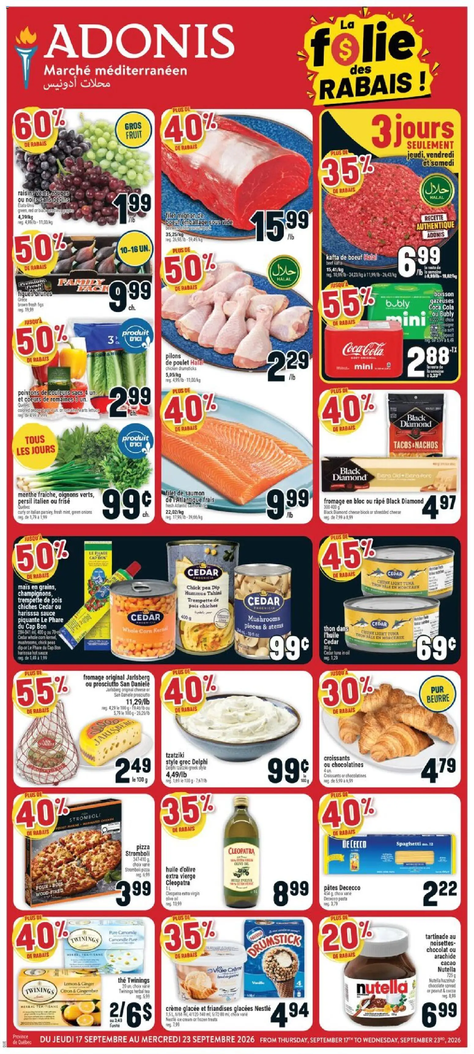 Adonis flyer valid from Sep 17, 2026 | Page: 1 | Products: Fruit, Cocoa, Olive oil, Chicken