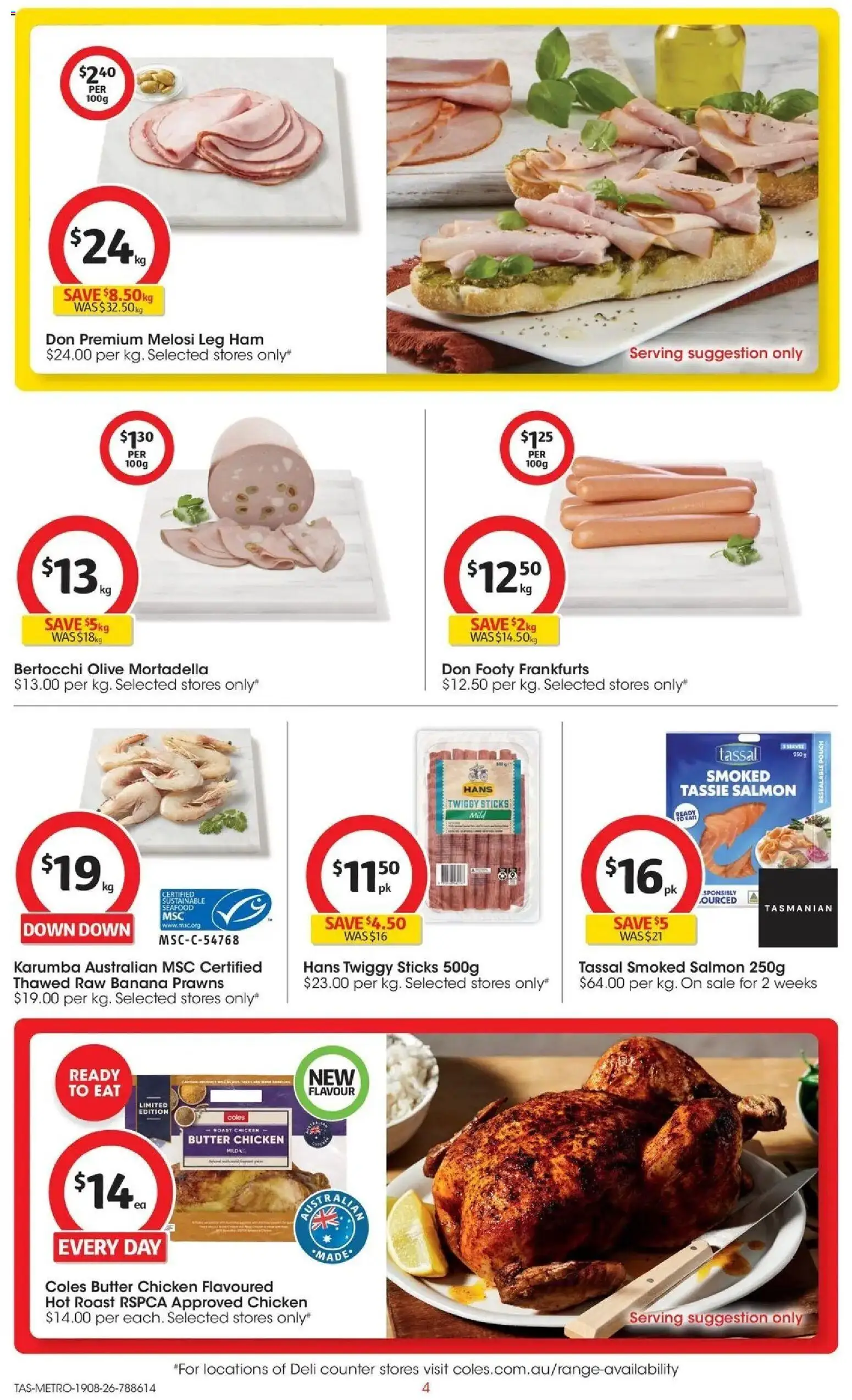 Coles catalogue - valid from 19/08/2026 | Page: 4 | Products: Chicken, Salmon, Sausages, Roast