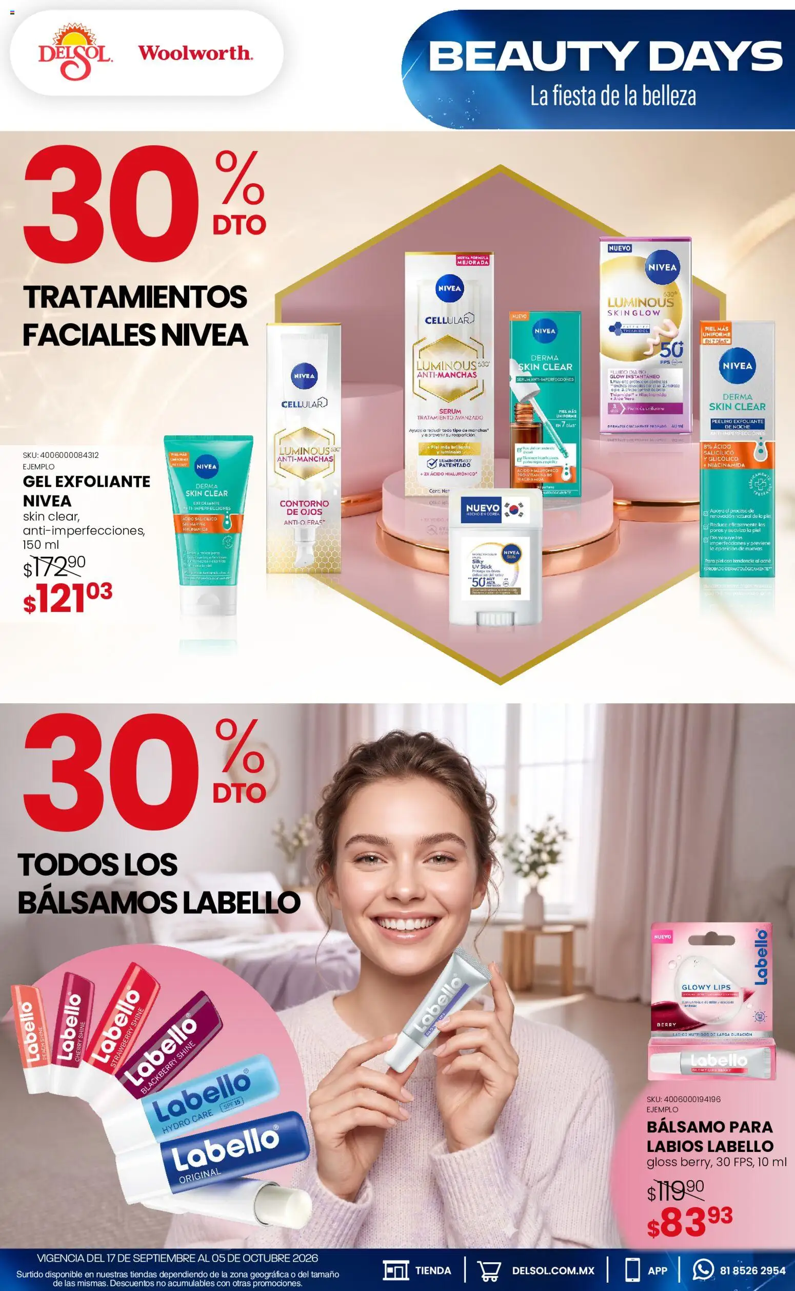 Nuevas ofertas de Del Sol y Woolworth válidas en toda la República Mexicana desde el 17/09/2026. ¡Encuentra las mejores ofertas en Del Sol y Woolworth catálogo La Fiesta de la Belleza! | Página: 3 | Productos: Serum, Contorno, Huevo, Aloe Vera