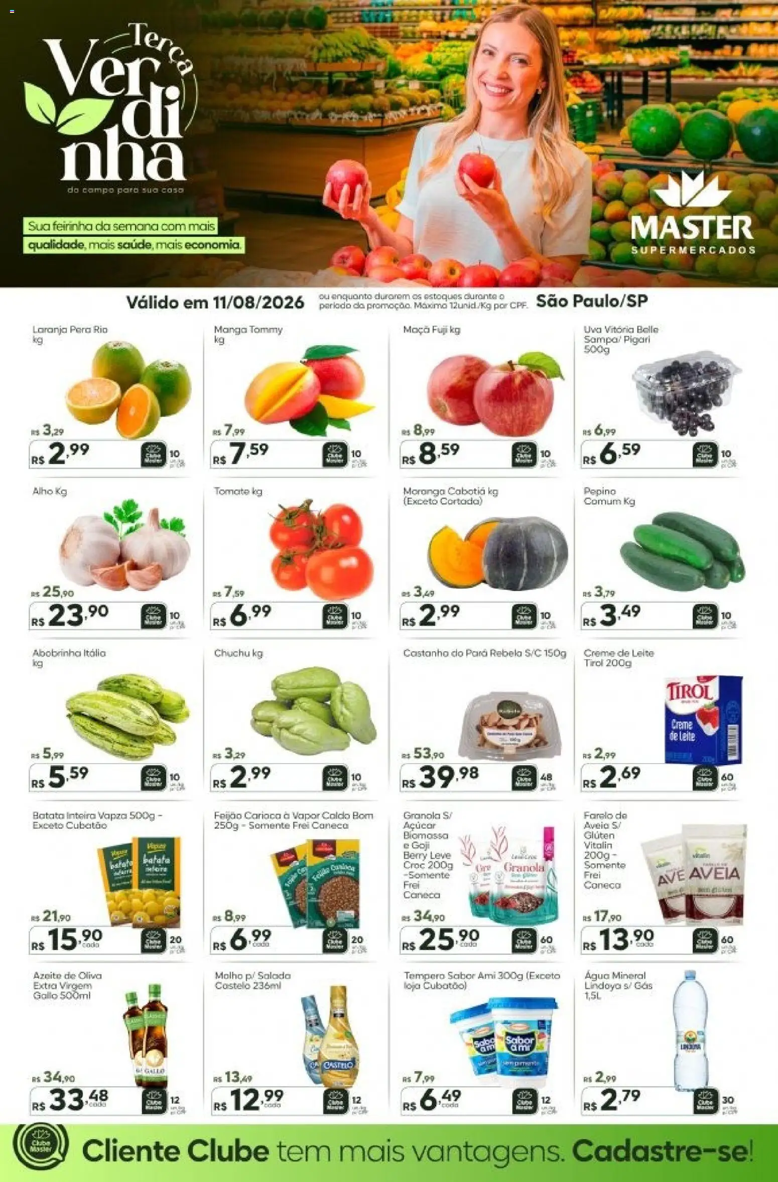 Master Folheto - válido de 11/08/2026 | Página: 1 | Produtos: Chuchu, Tomate, Leite, Creme de leite